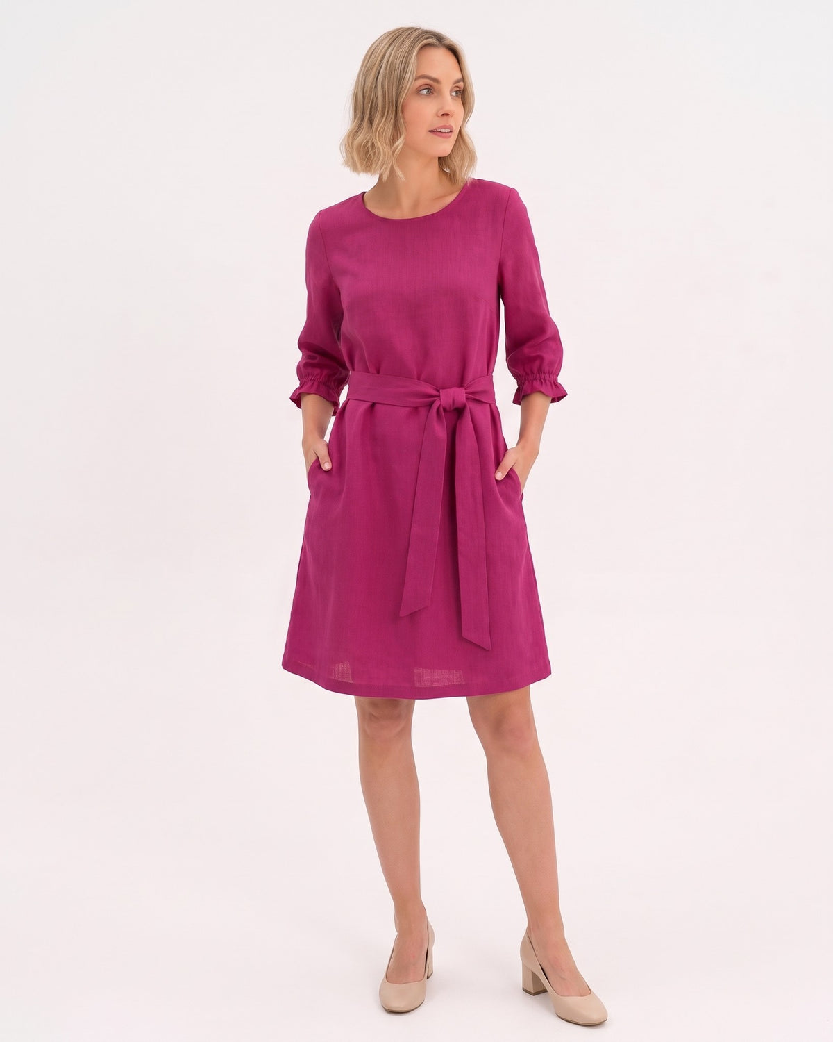 EMMA – Linen Blend Three-Quarter Sleeve Belted Dress – cerise dress, studio front, full length, tie belt bow #Color_Cerise