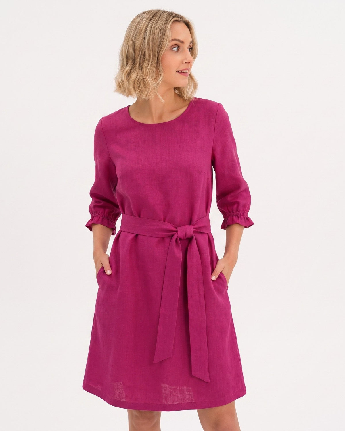 EMMA – Linen Blend Three-Quarter Sleeve Belted Dress – cerise dress, studio front with tie belt #Color_Cerise