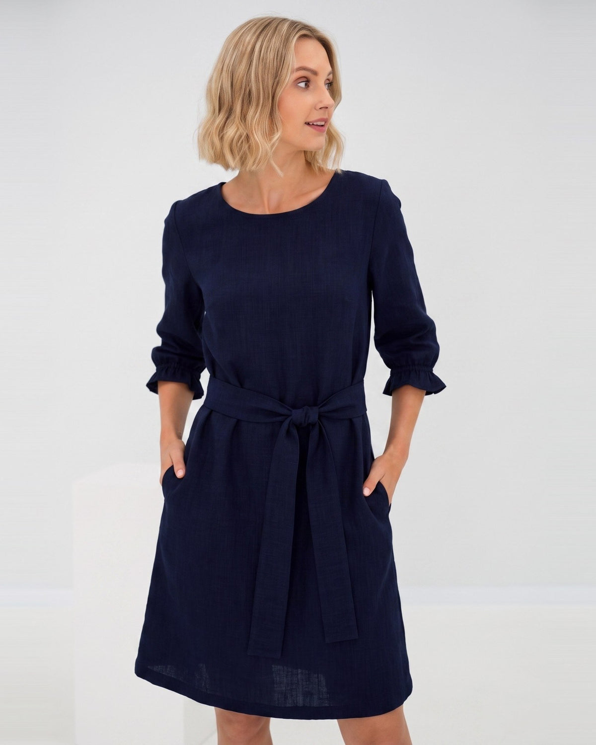 EMMA – Linen Blend Three-Quarter Sleeve Belted Dress – deep blue dress, studio front with tie belt #Color_Deep blue