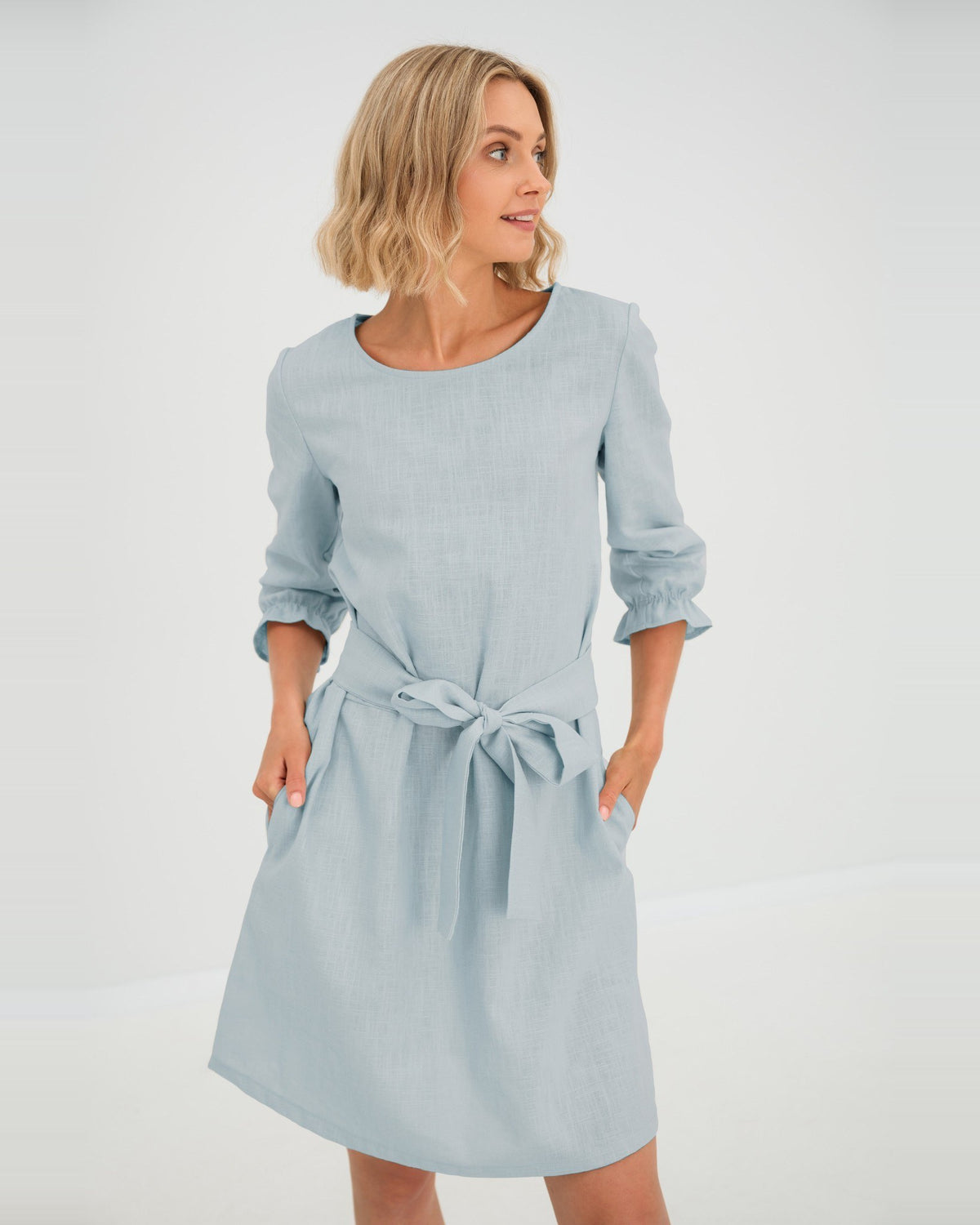 EMMA – Linen Blend Three-Quarter Sleeve Belted Dress – light blue dress, studio front with tie belt #Color_Light blue