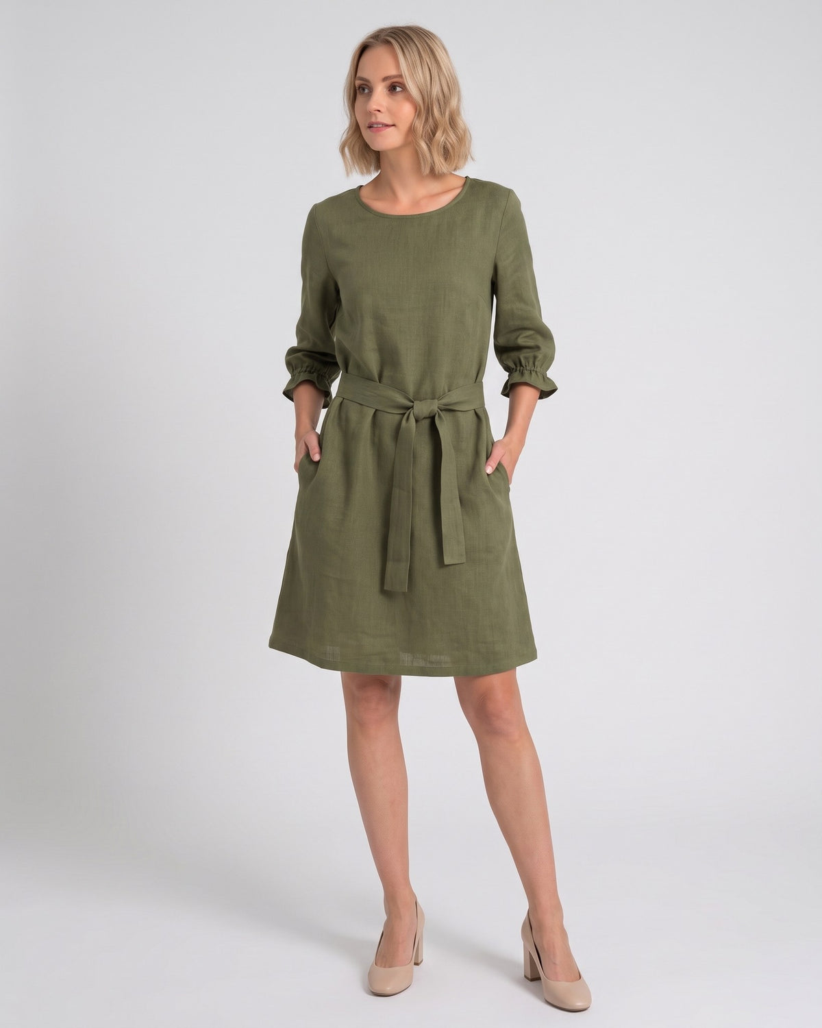 EMMA – Linen Blend Three-Quarter Sleeve Belted Dress – olive green dress, studio front, full length, tie belt bow #Color_Olive green