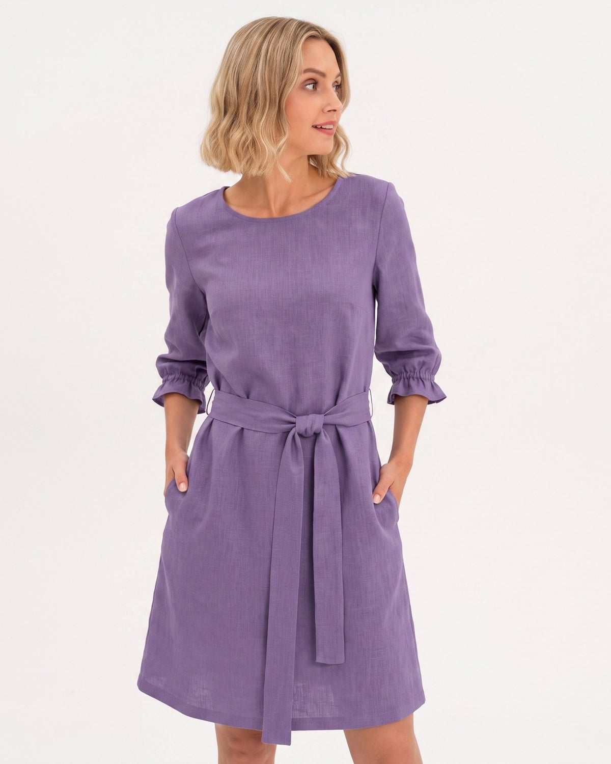 EMMA – Linen Blend Three-Quarter Sleeve Belted Dress – purple dress, studio front with tie belt #Color_Purple