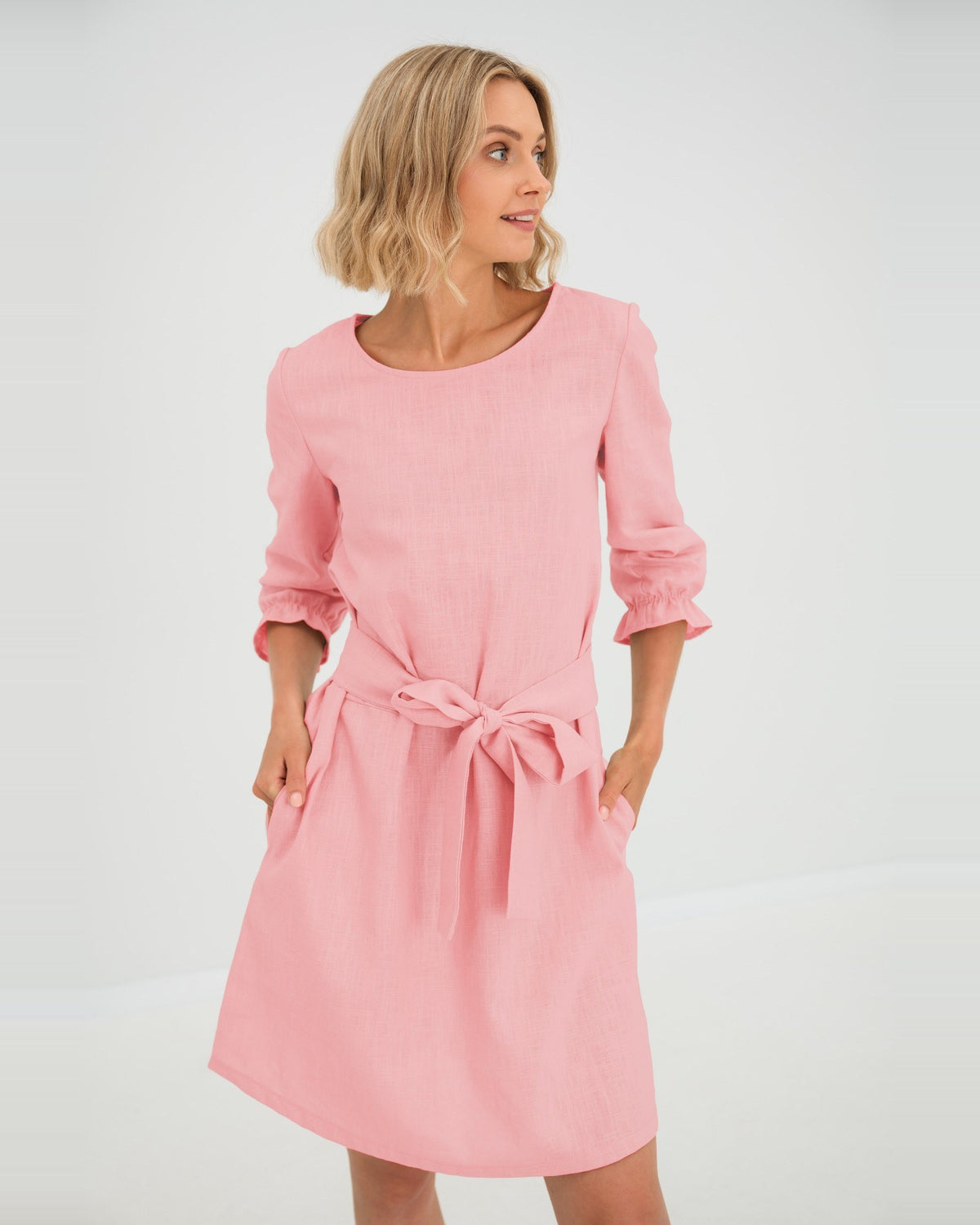 EMMA – Linen Blend Three-Quarter Sleeve Belted Dress – rose dress, studio front with tie belt #Color_Rose