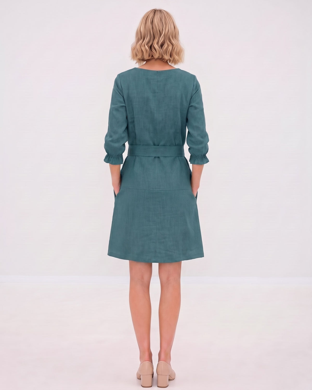EMMA – Linen Blend Three-Quarter Sleeve Belted Dress – teal dress, studio back, full length #Color_Teal