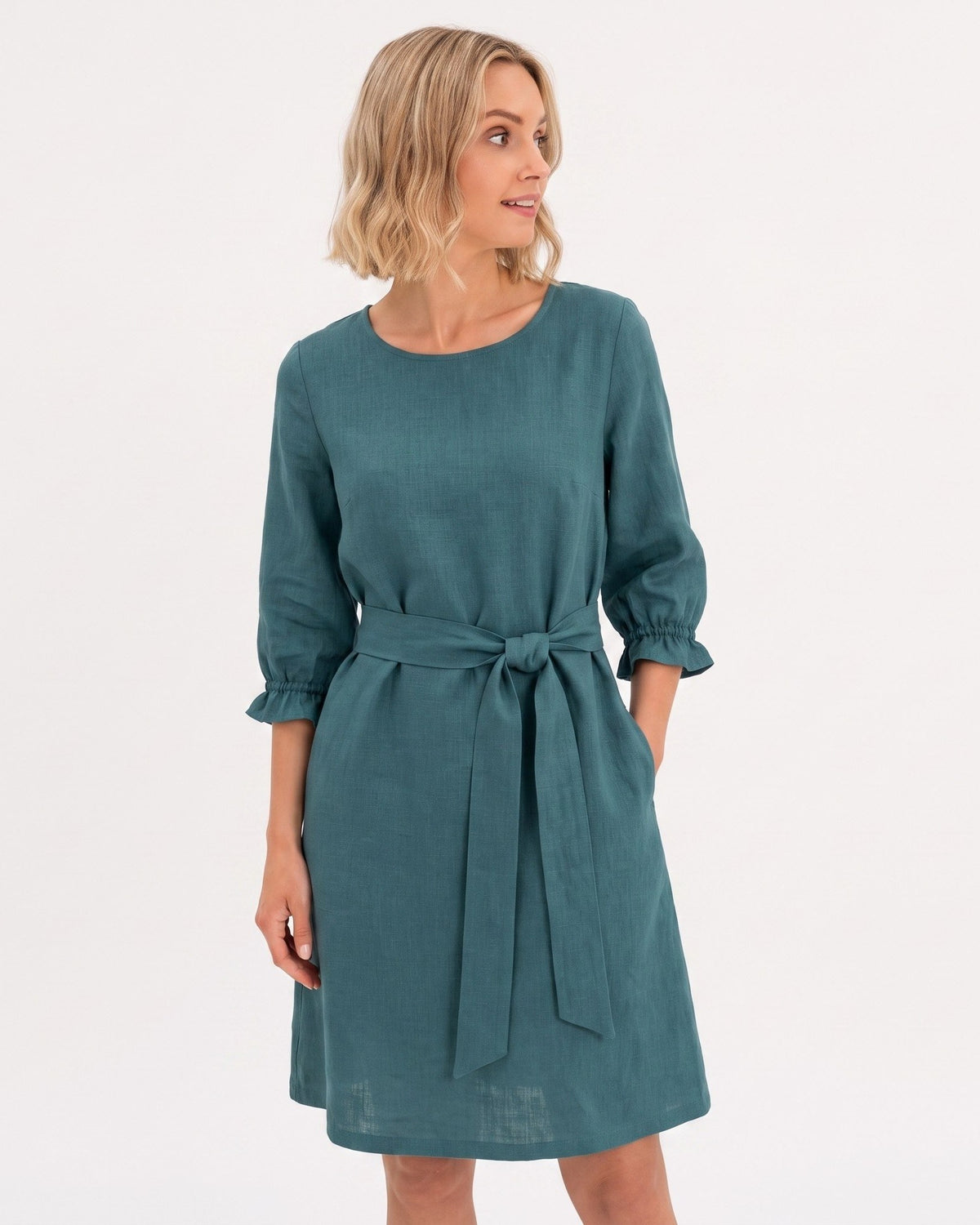 EMMA – Linen Blend Three-Quarter Sleeve Belted Dress – teal dress, studio front with tie belt #Color_Teal