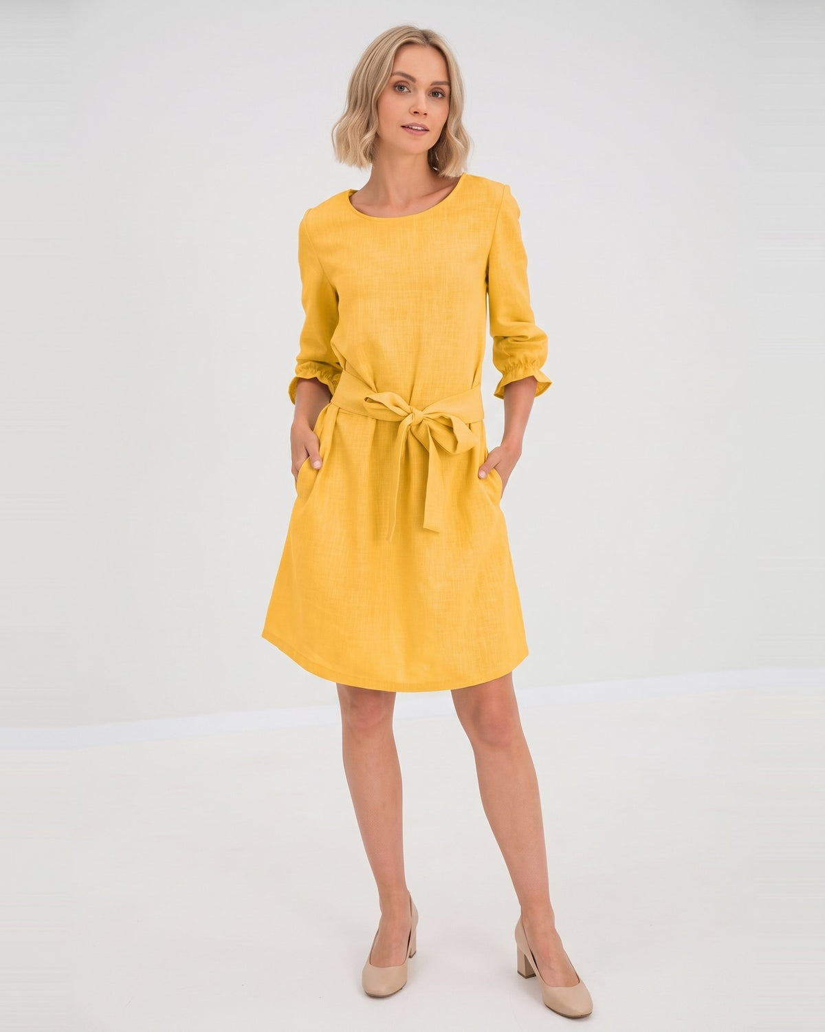 EMMA – Linen Blend Three-Quarter Sleeve Belted Dress – yellow dress, studio front, full length, tie belt bow #Color_Yellow