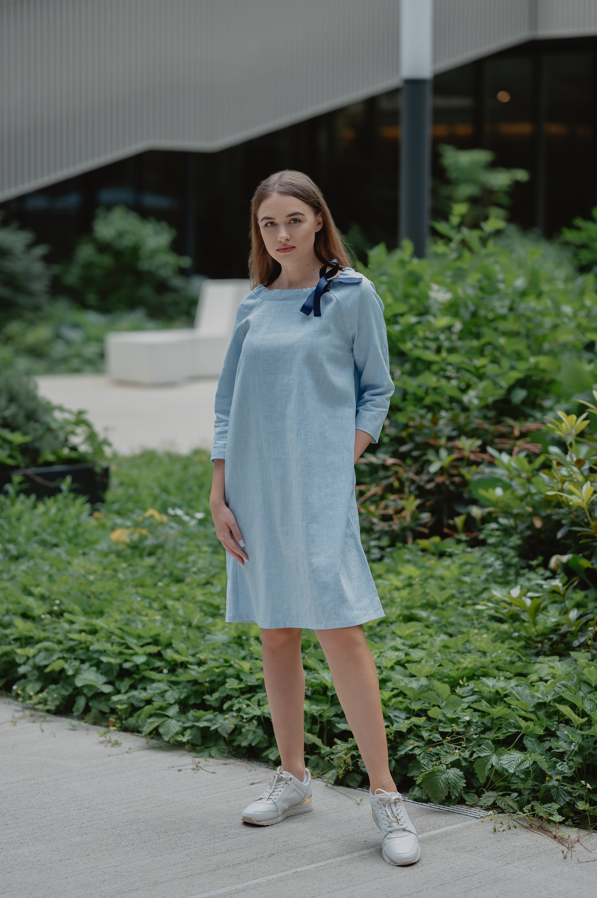 LeMuse FRENCH linen dress in light blue – model front full length outdoors #Color_Light blue