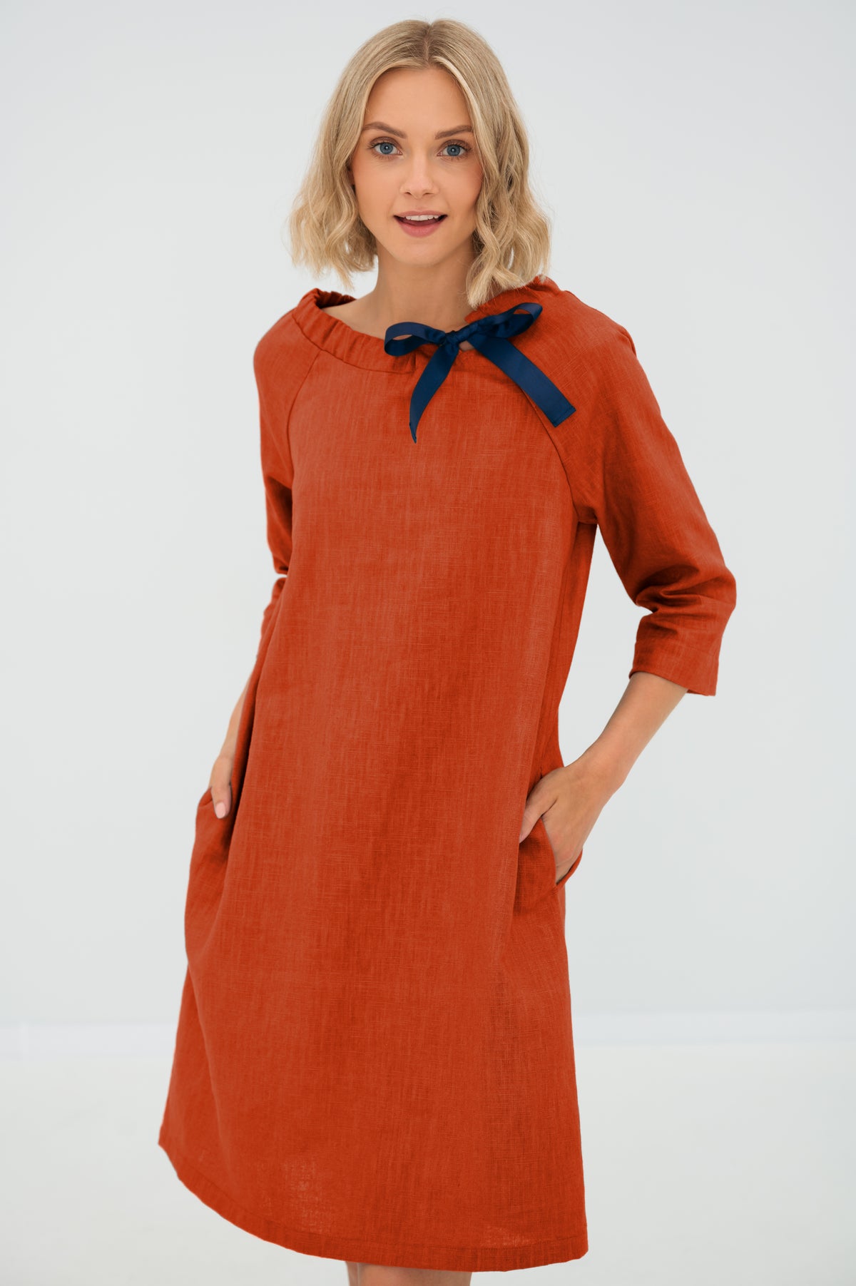 LeMuse FRENCH linen dress in orange – studio front view #Color_Orange