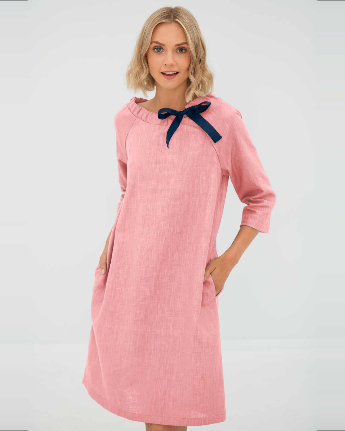 LeMuse FRENCH linen dress in rose – studio front view #Color_Rose