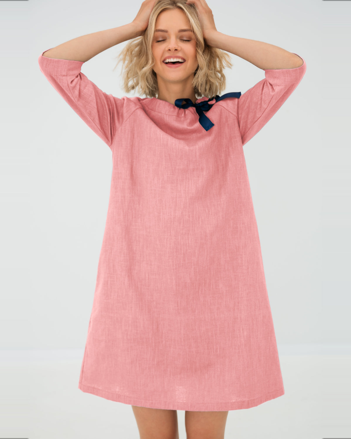 LeMuse FRENCH linen dress in rose – model hands up in motion #Color_Rose