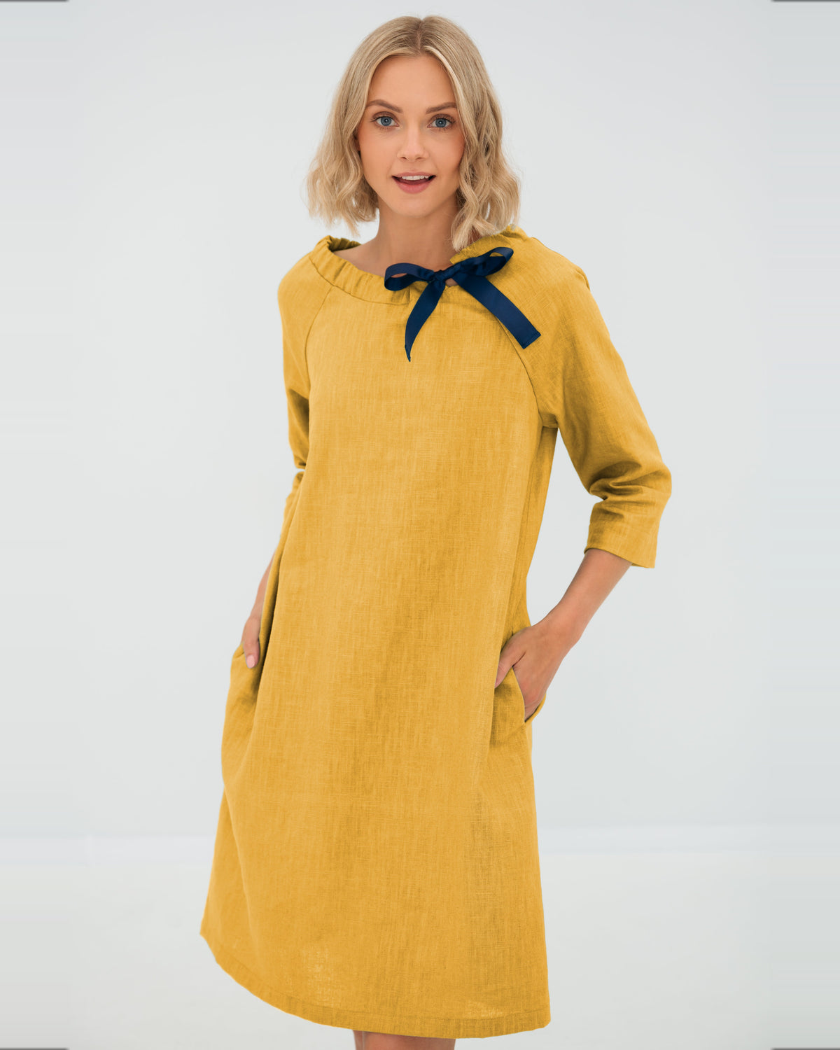 LeMuse FRENCH linen dress in yellow – studio front view #Color_Yellow