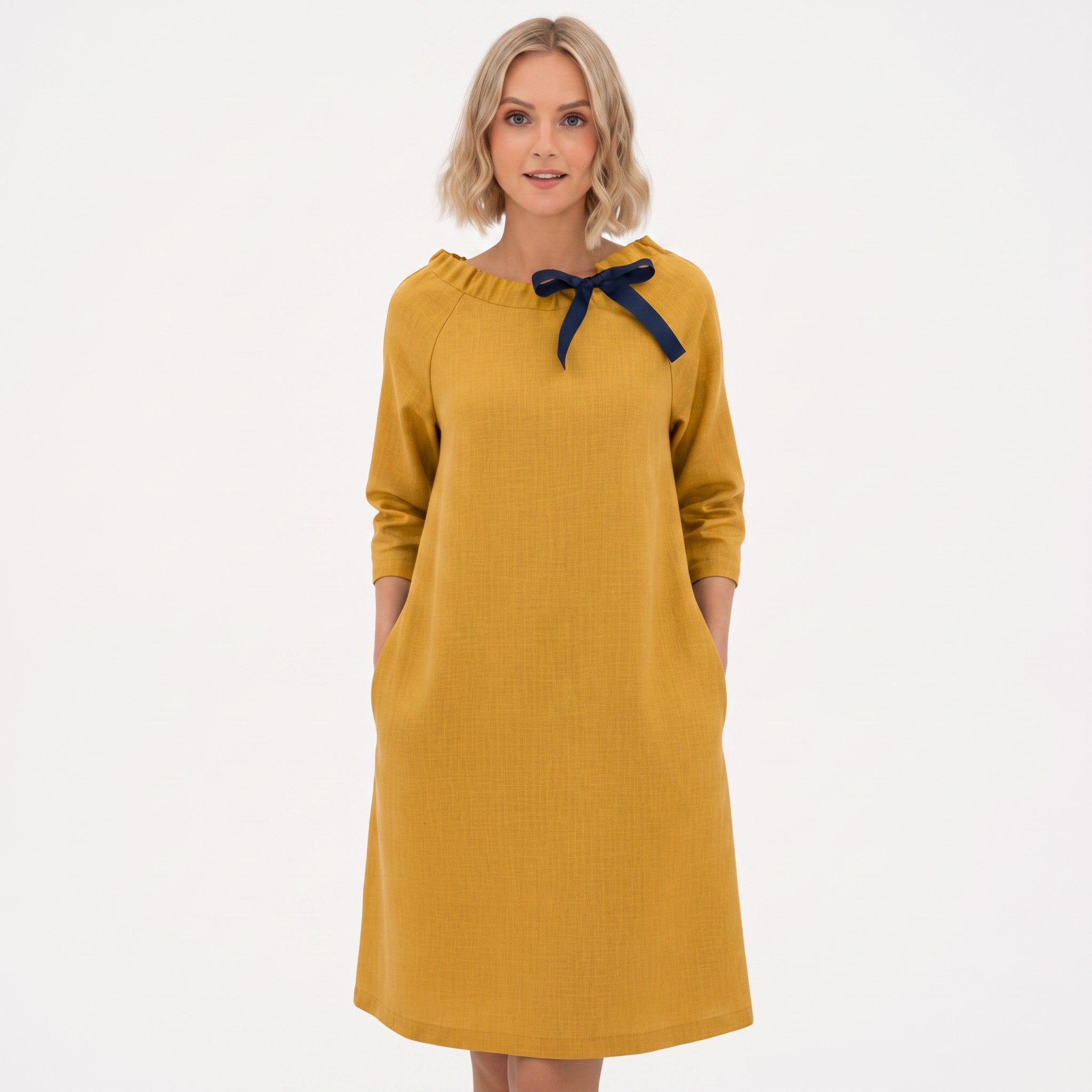 FRENCH — Stonewashed Linen Dress With Adjustable Ribbon Bow
