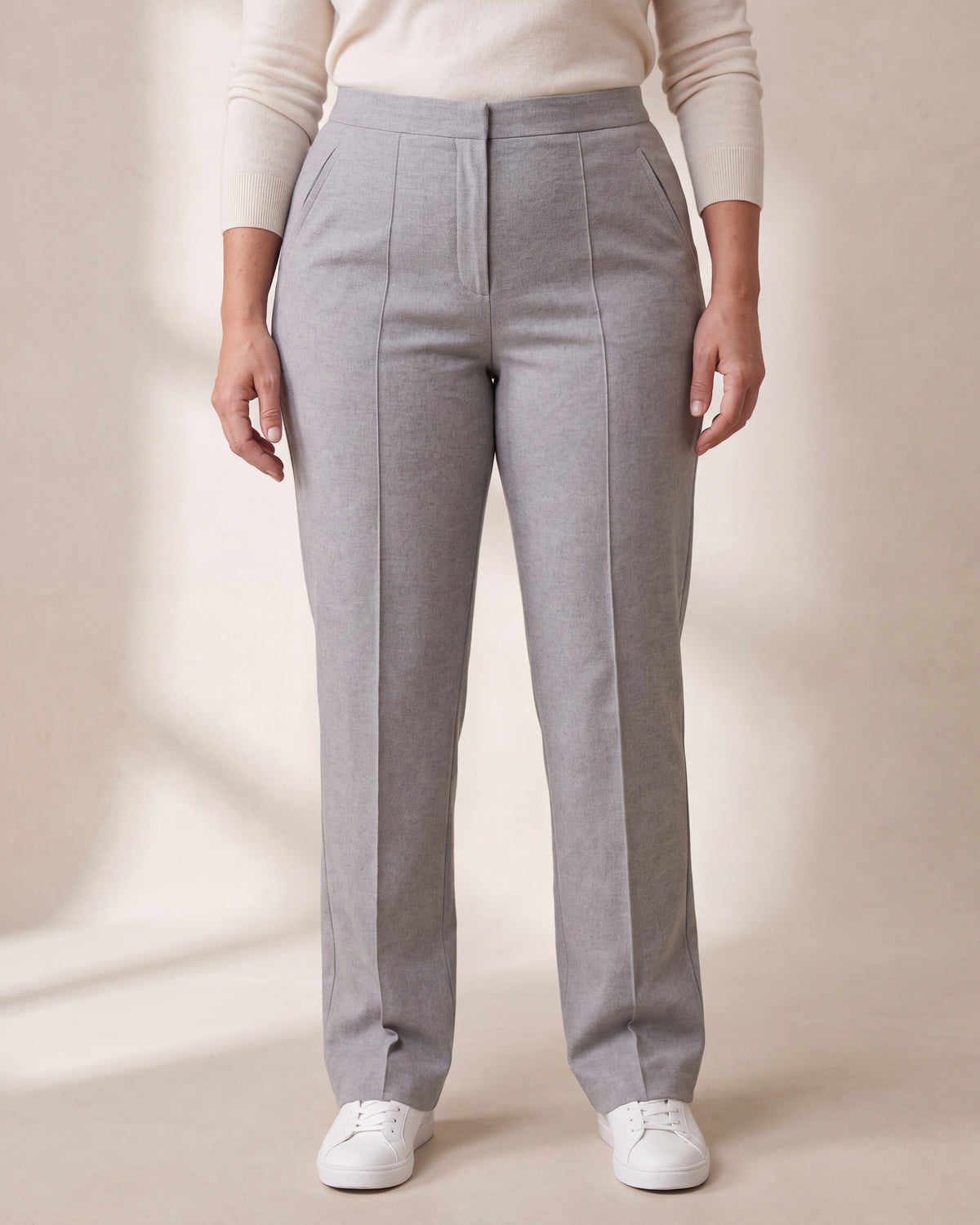 GRAPHITE CURVE FIT Light Grey wool straight-leg trousers, close front view