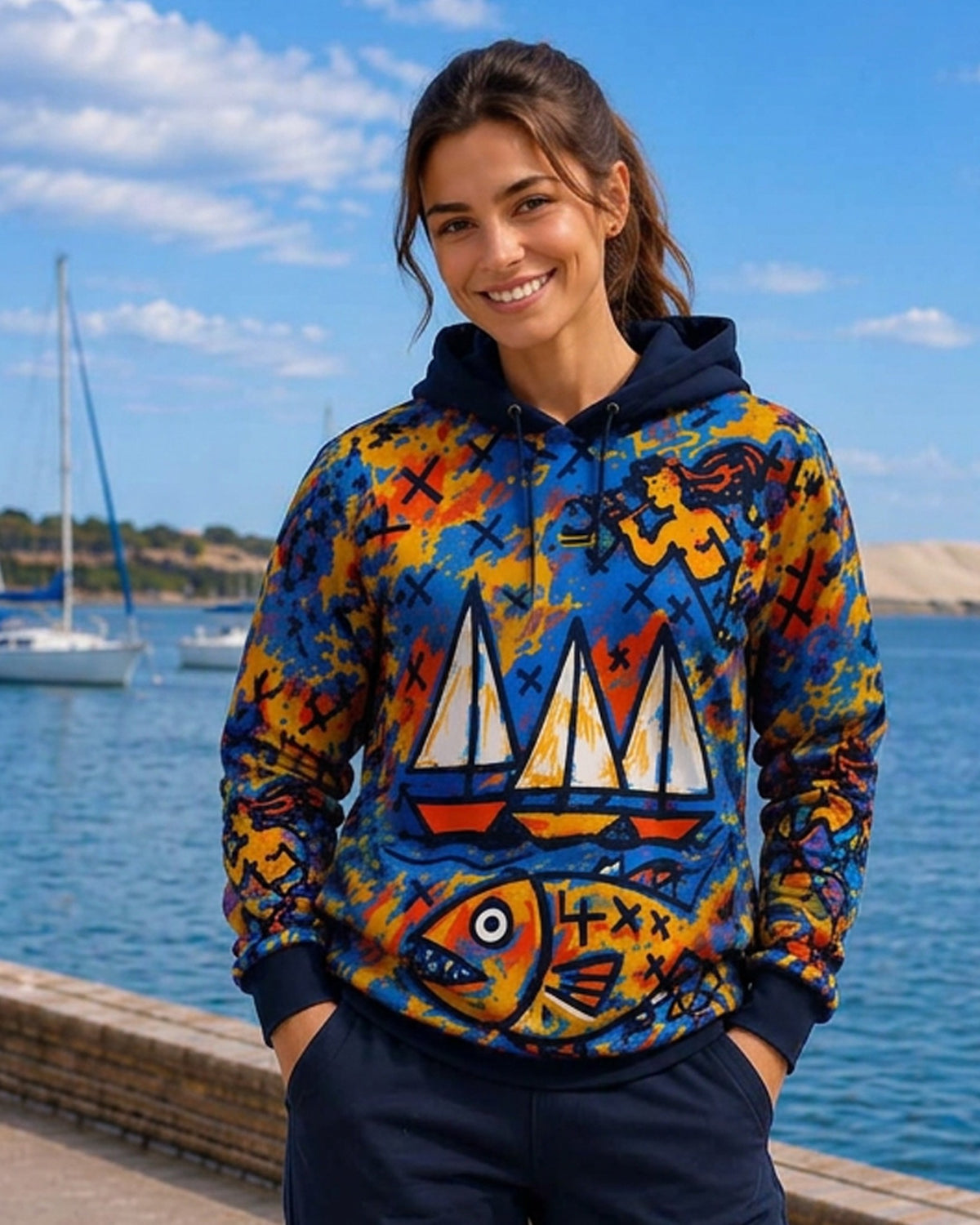 HARBOR – Nida Print Unisex Hoodie – Black džemperis, lifestyle vaizdas prieplaukoje #Color_Black