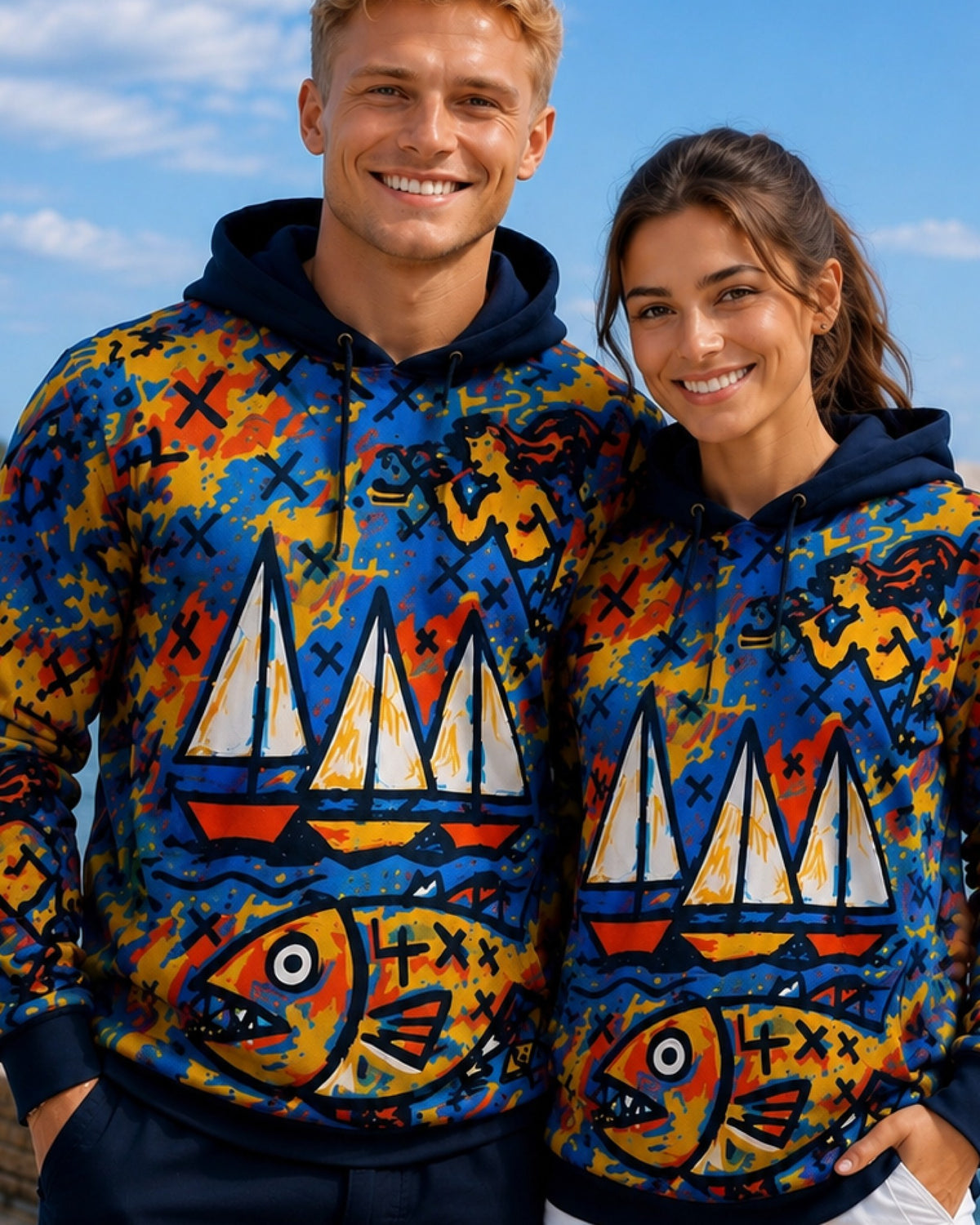 HARBOR – Nida Print Unisex Hoodie – Black džemperis, lifestyle vaizdas (unisex pora) #Color_Black