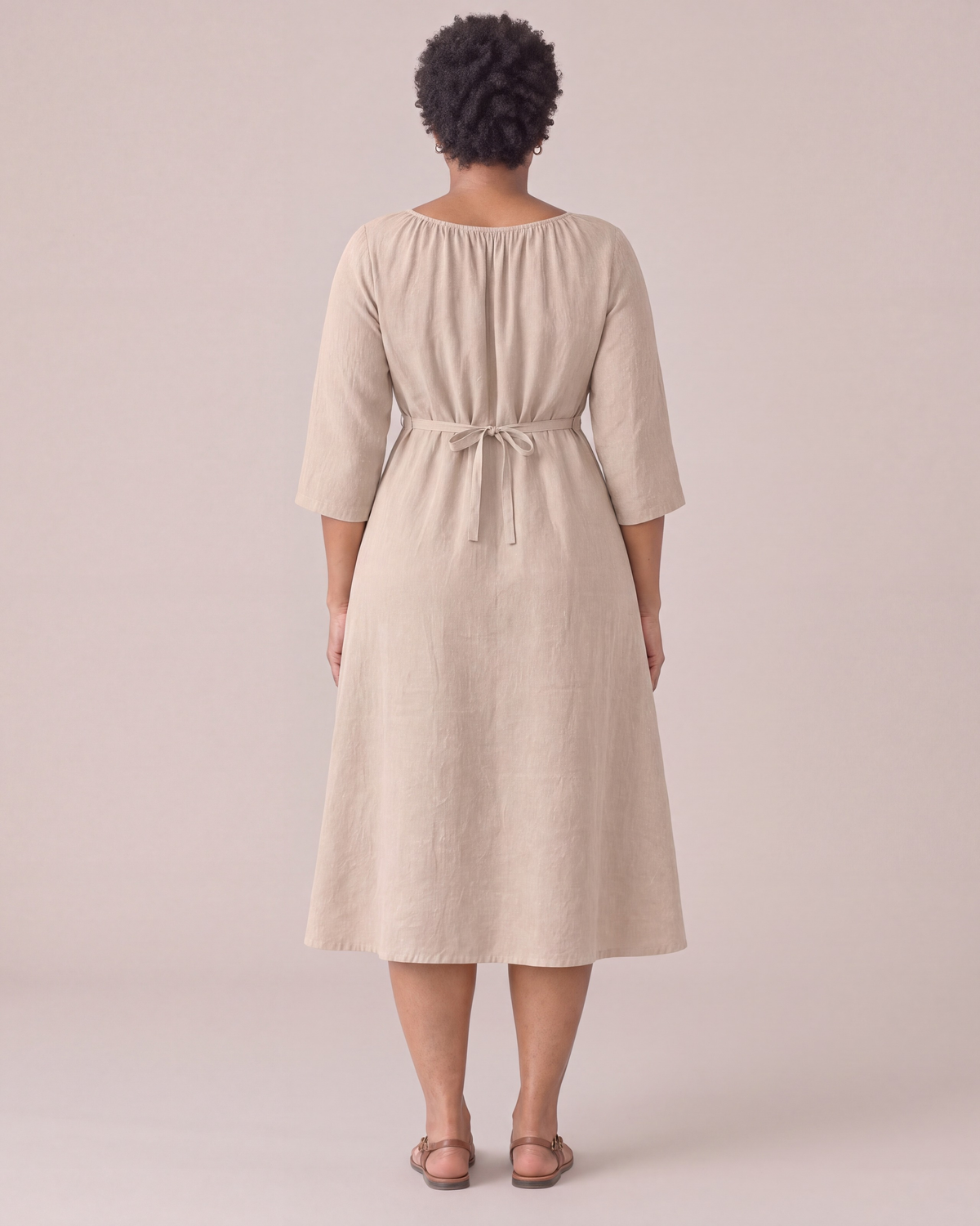 HELENA linen dress in Beige, back view with tied waist