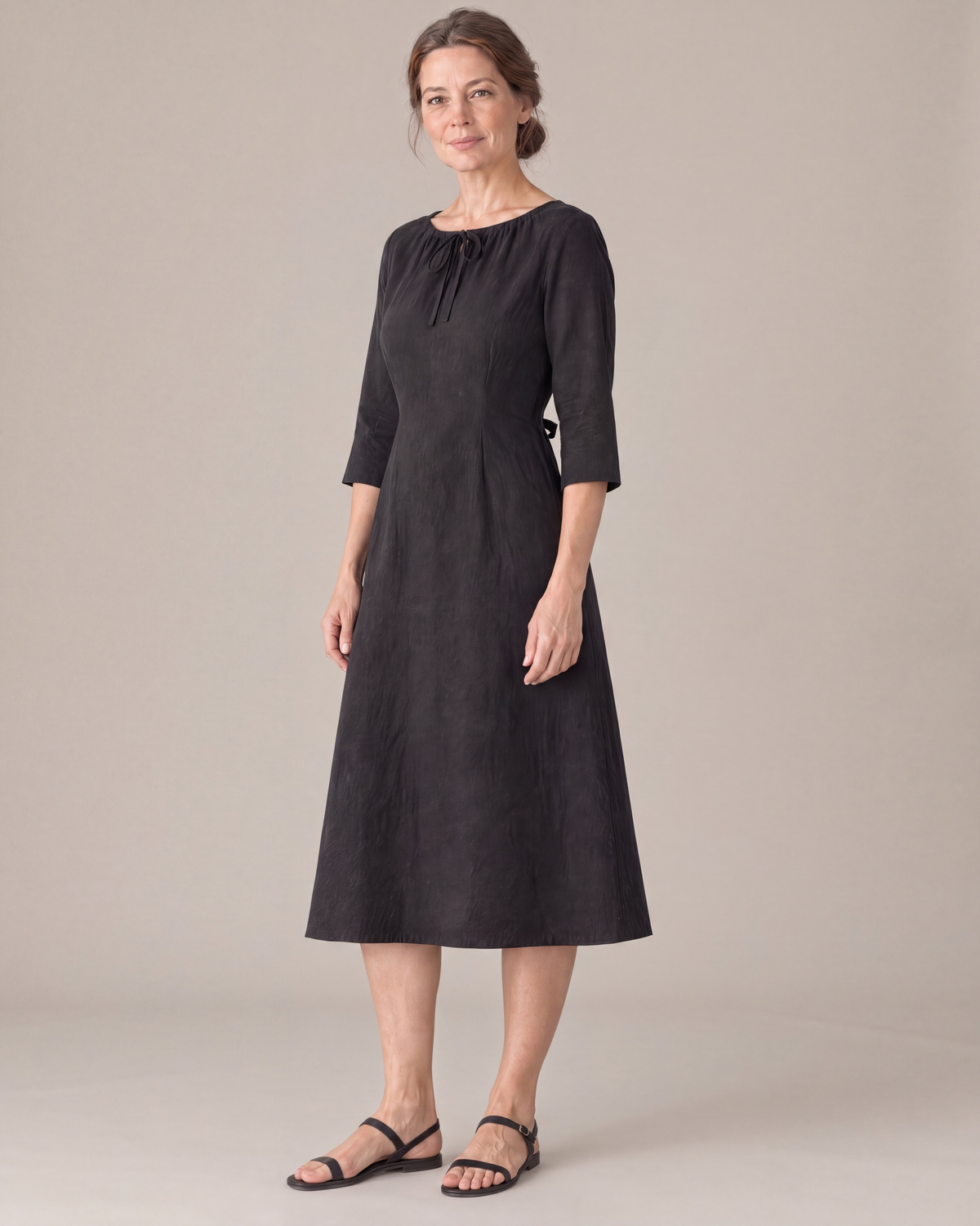 HELENA linen dress in Black, three-quarter view