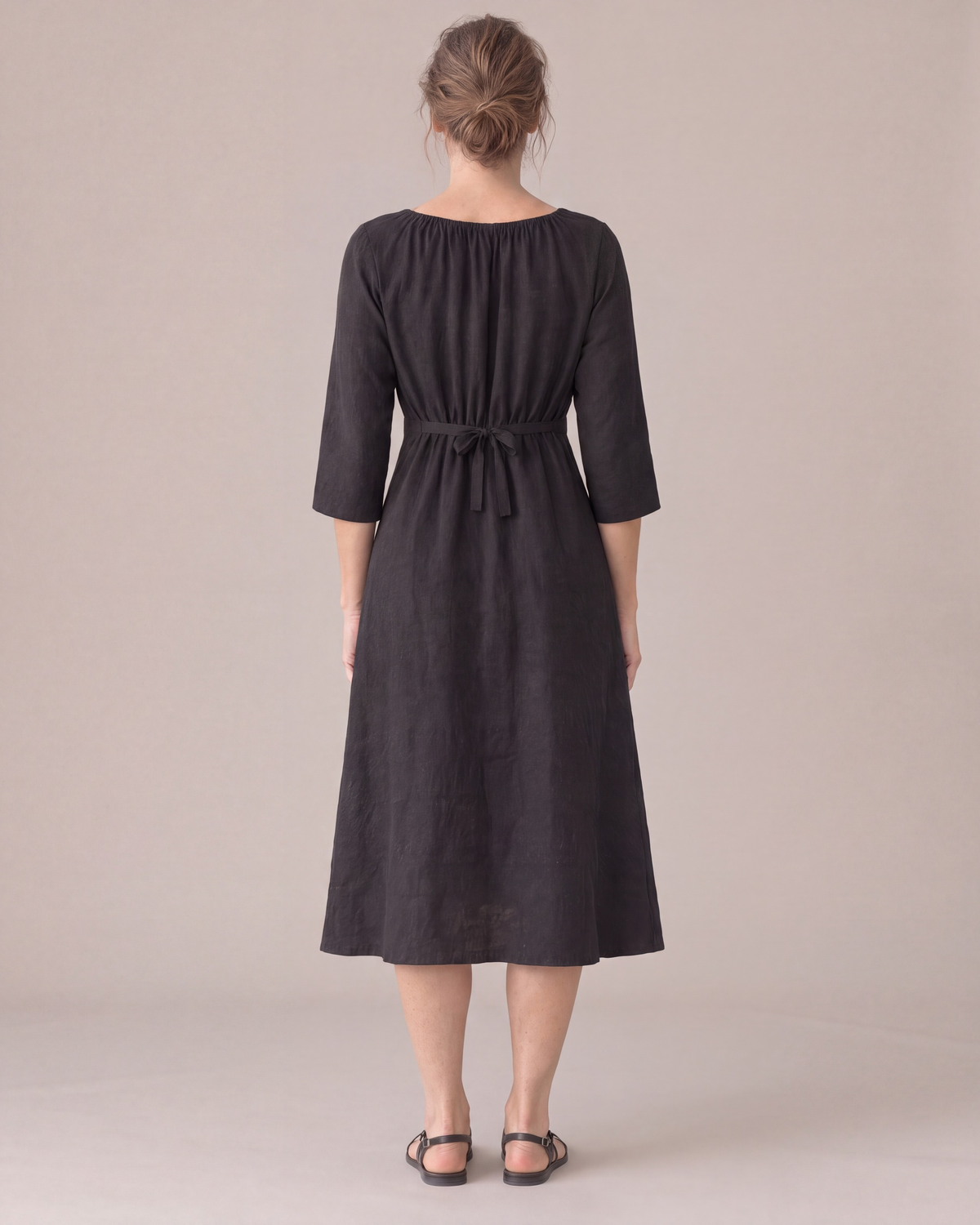 HELENA linen dress in Black, back view with tied waist