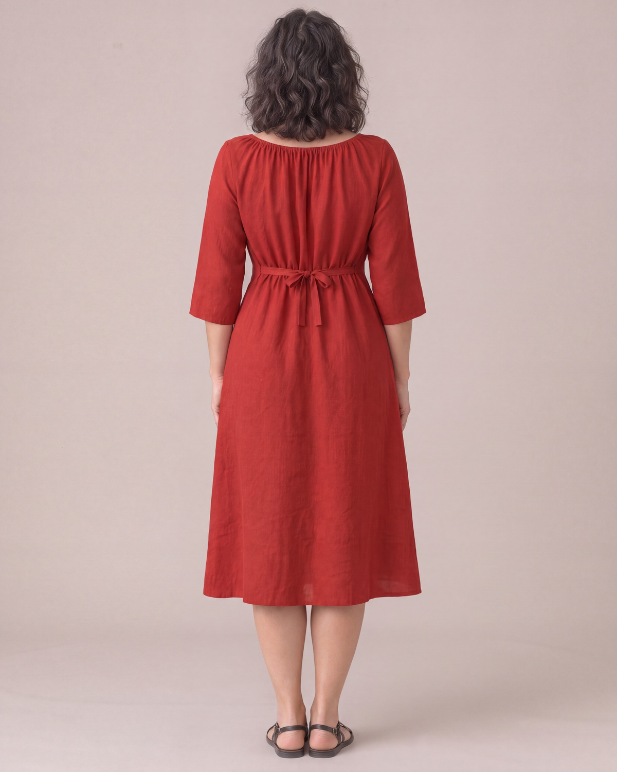 HELENA linen dress in Red, back view with tied waist