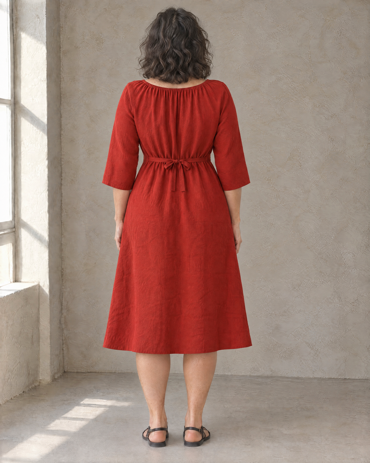 HELENA linen dress in Red, back view with tied waist