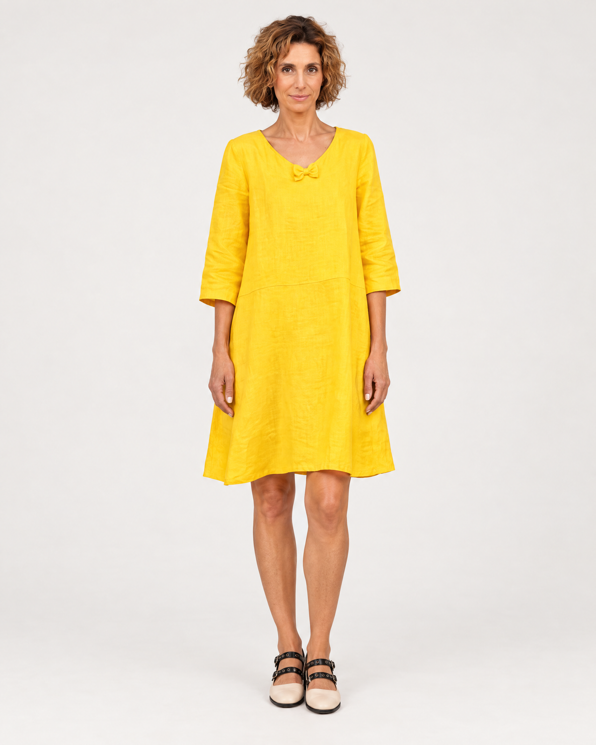 SUN – Linen Blend V-Neck Bow Dress – Yellow dress, front view, full length, studio #Color_Yellow