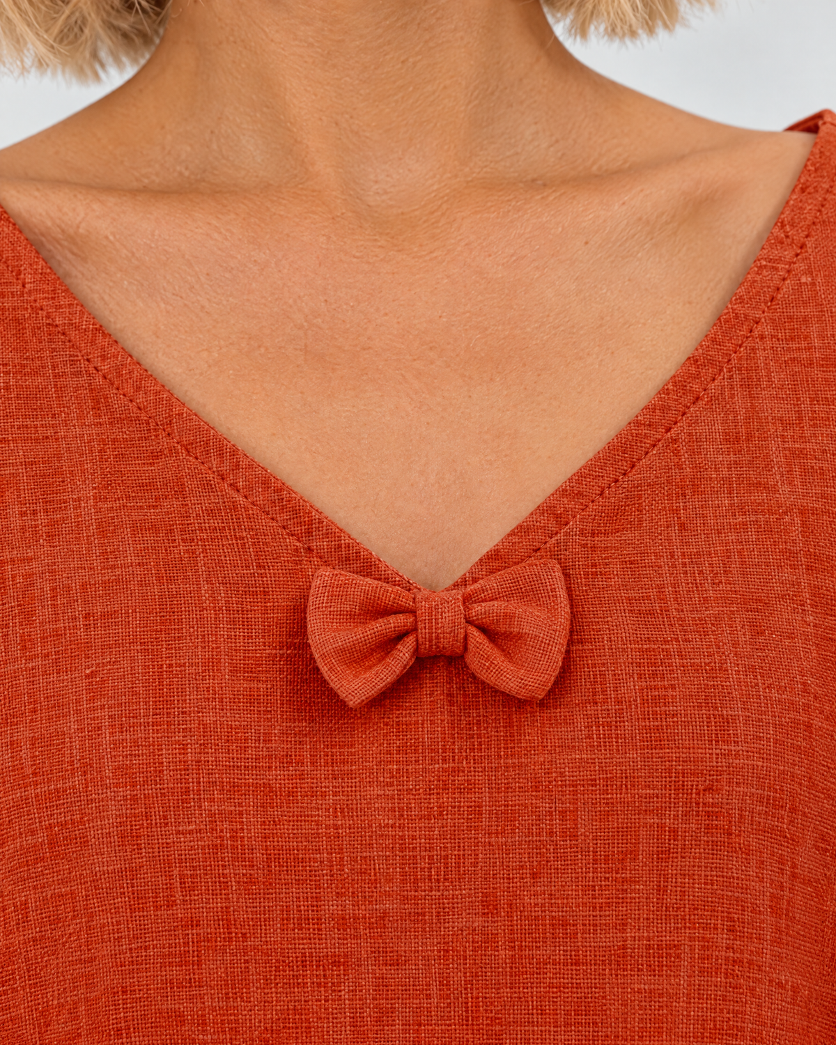 SUN – Linen Blend V-Neck Bow Dress – Orange dress, bow neckline detail, studio #Color_Orange