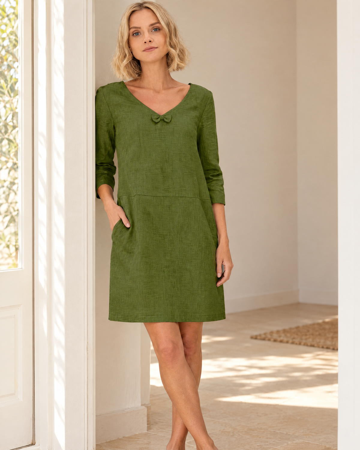 SUN – Linen Blend V-Neck Bow Dress – Olive green dress, lifestyle, sunlit doorway #Color_Olive green