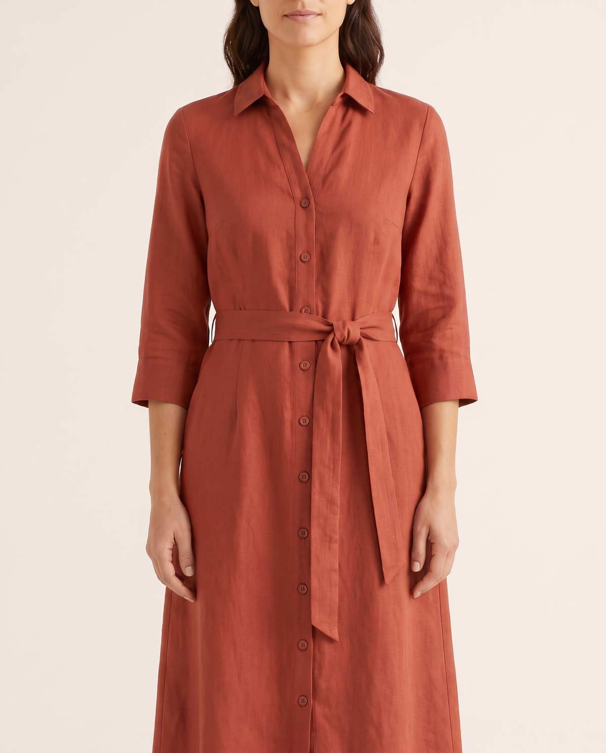 TERRA terracotta linen midi shirt dress, collar and belt detail