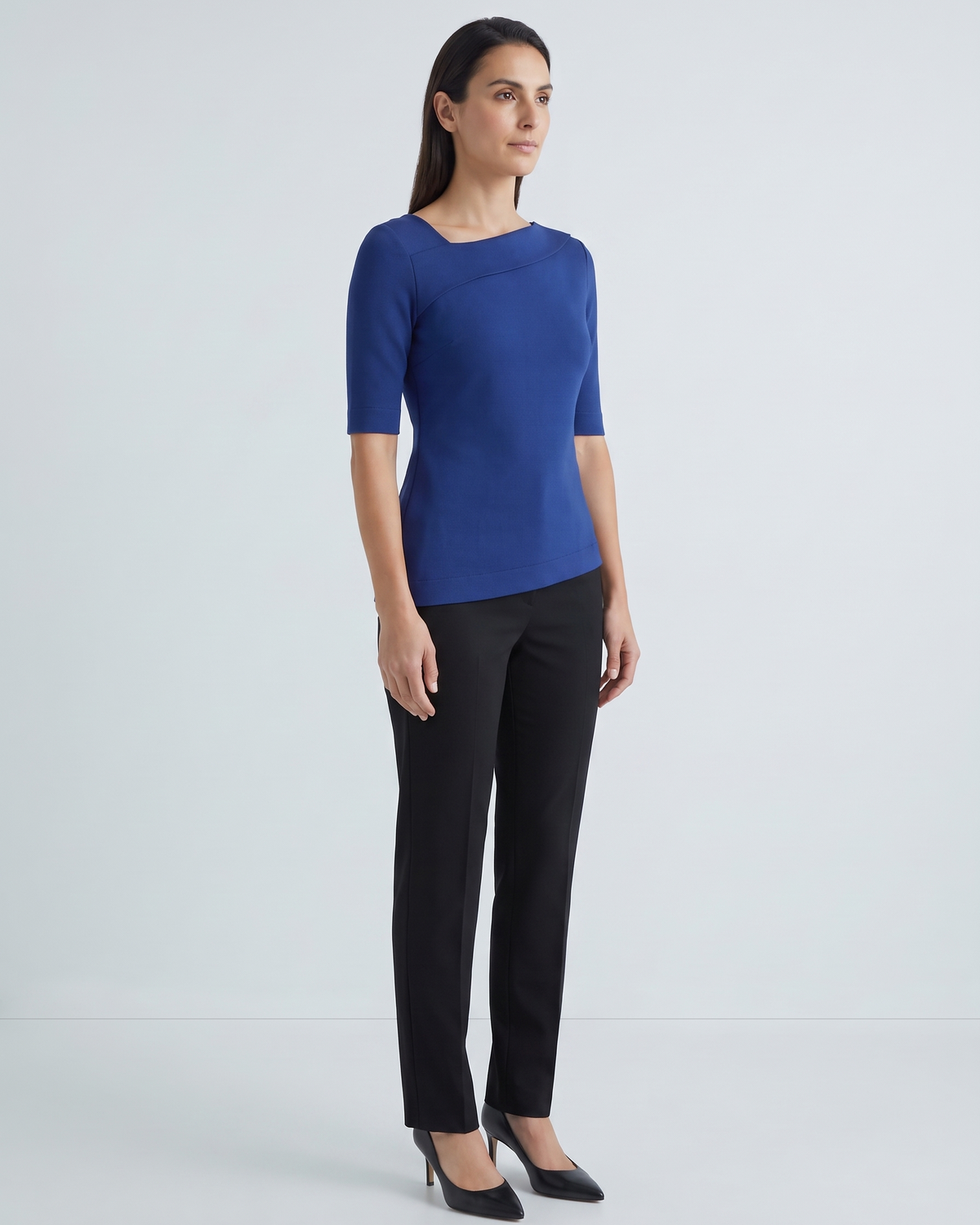 COBALT cobalt-blue top with elbow-length sleeves, three-quarter view