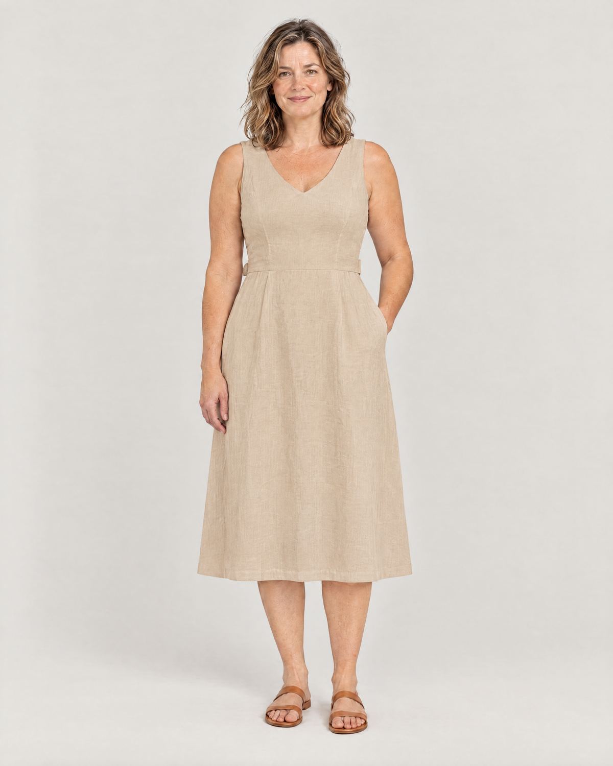 DAYLIGHT beige lined linen A-line midi dress with wide straps, front view