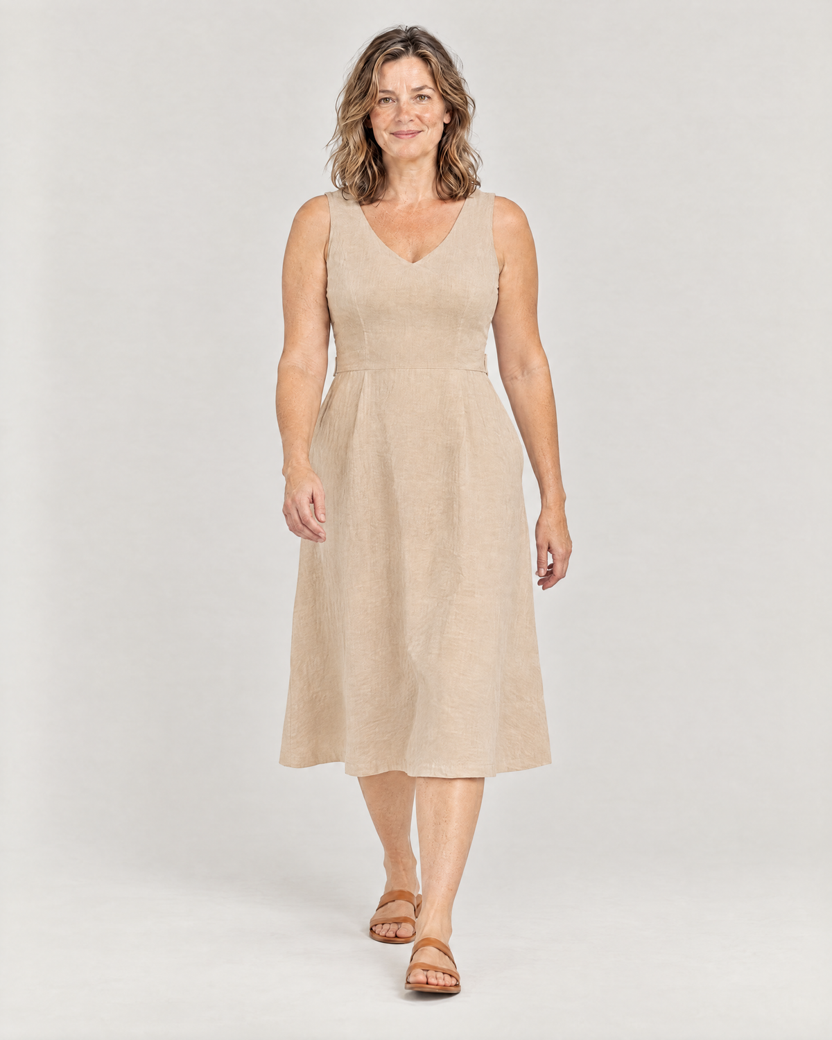 DAYLIGHT beige linen A-line midi dress in motion