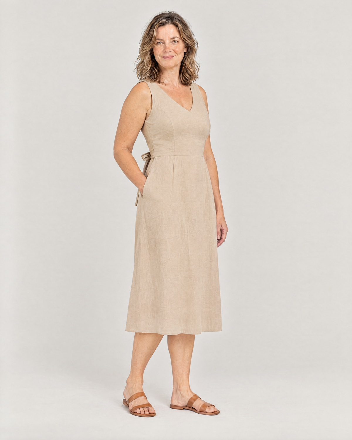DAYLIGHT beige linen A-line midi dress, three-quarter view