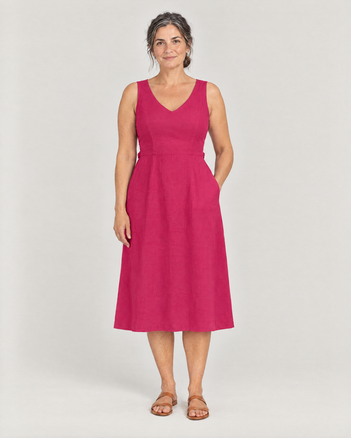 DAYLIGHT cerise lined linen A-line midi dress, front view