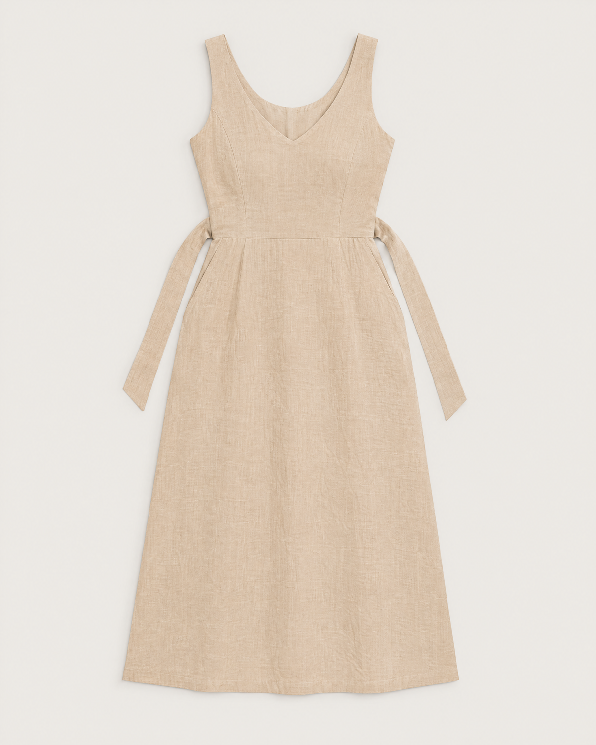 DAYLIGHT beige linen A-line midi dress laid flat