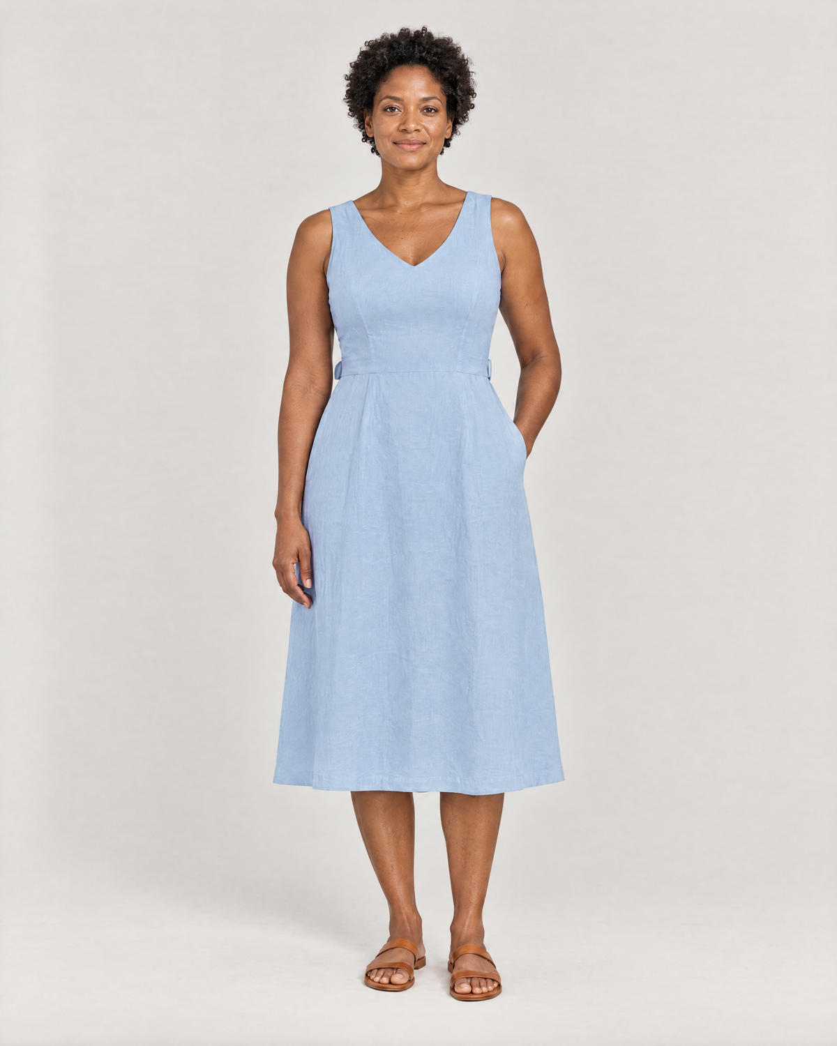 DAYLIGHT light blue lined linen A-line midi dress, front view