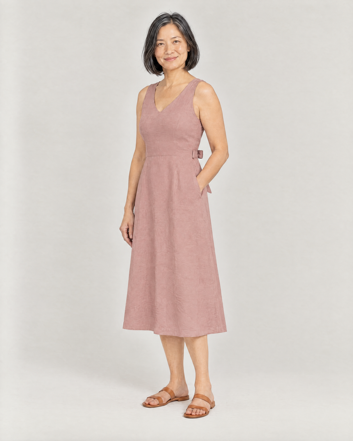 DAYLIGHT dusty rose linen A-line midi dress, three-quarter view