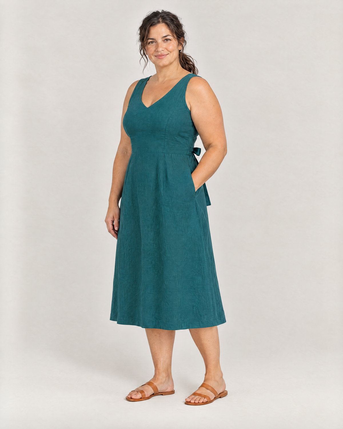 DAYLIGHT teal linen A-line midi dress, three-quarter view