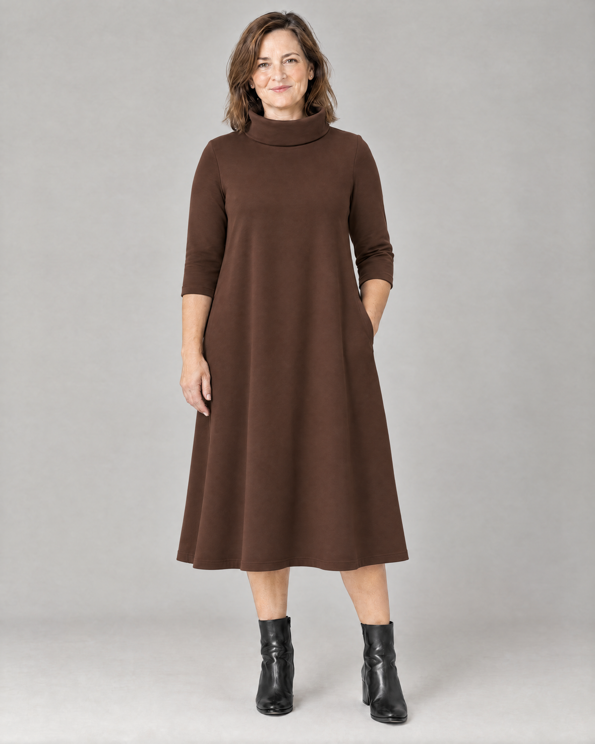 KIND A-line midi dress in Brown, front view, gentle A-line from the shoulder, loose funnel collar and 3/4 sleeves