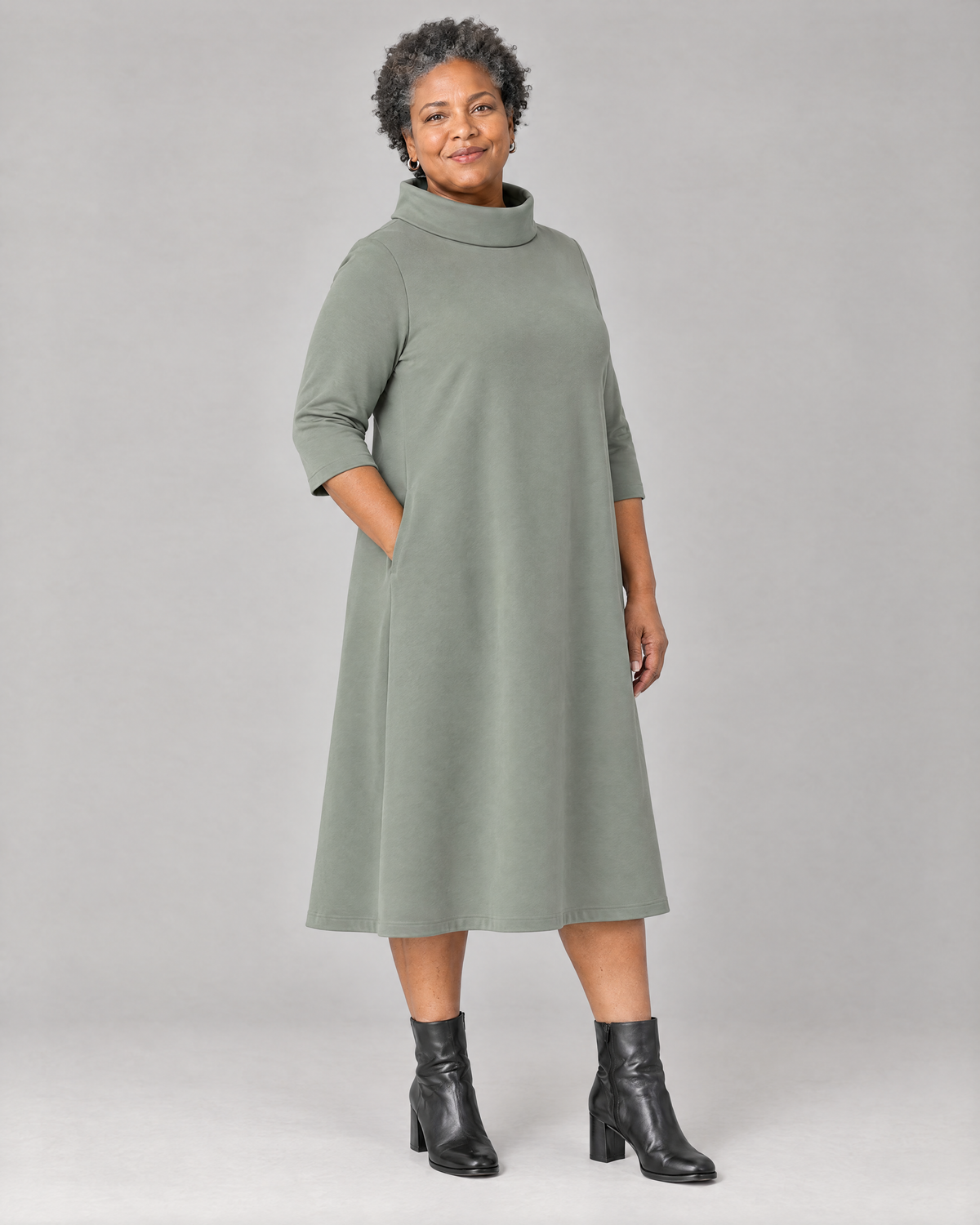 KIND A-line midi dress in Grey Green, three-quarter view