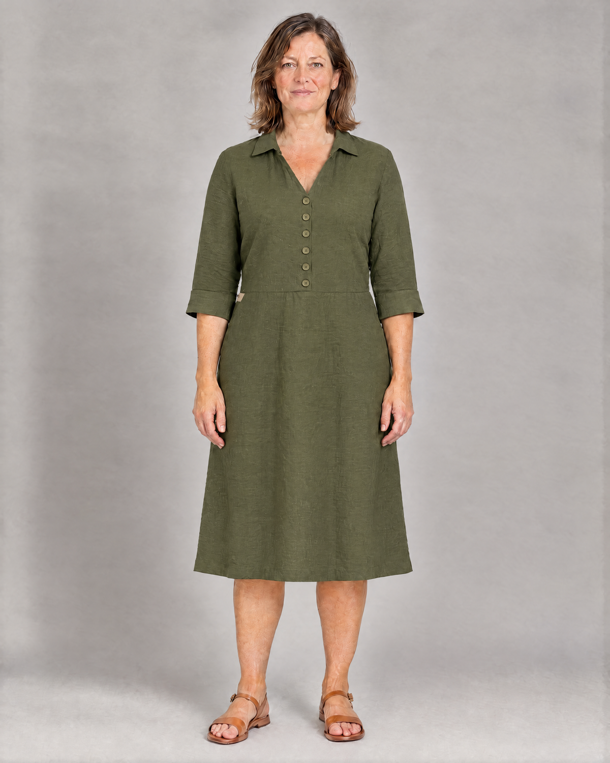 CARRY olive green Dutch linen A-line midi shirt dress, front view