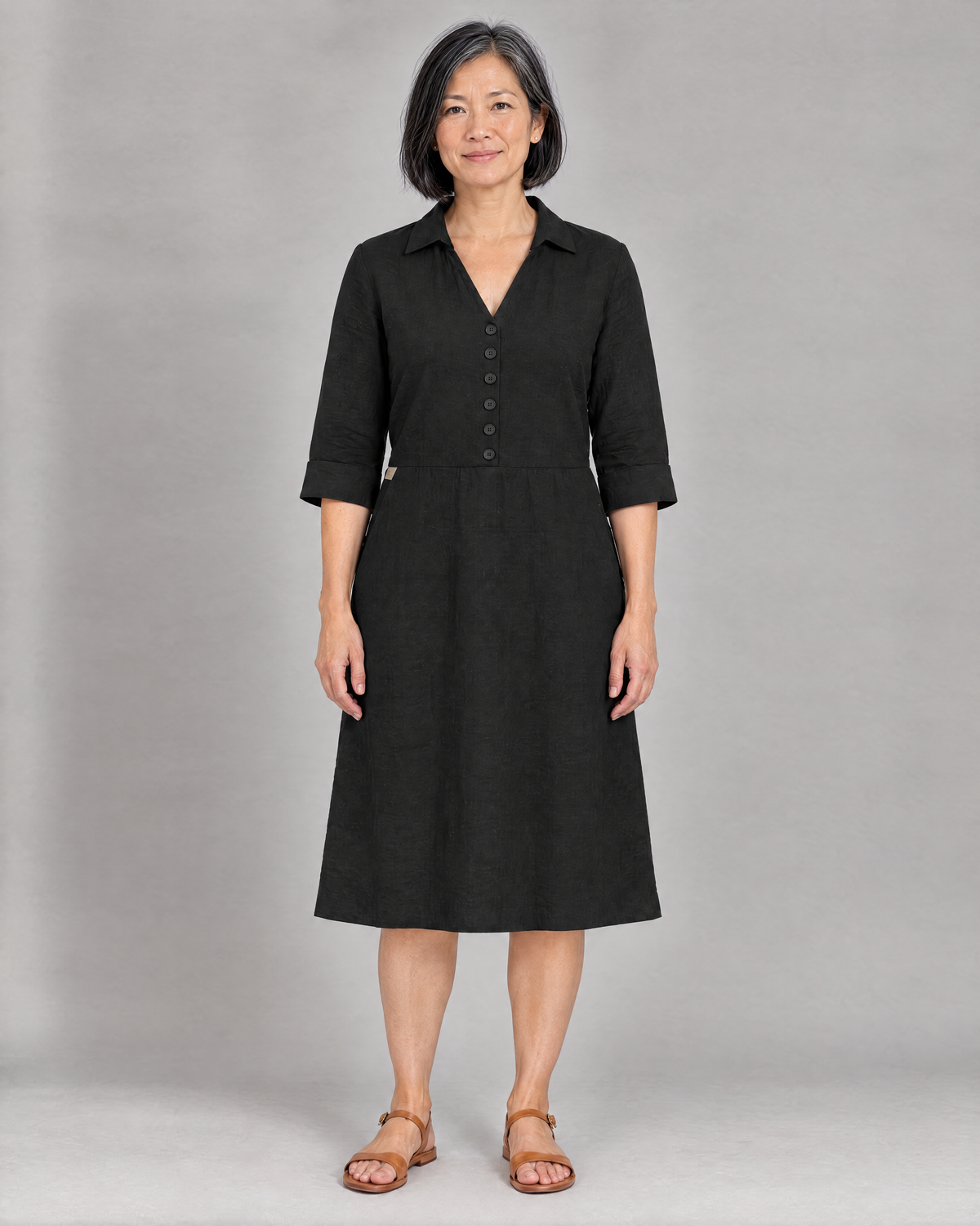 CARRY black Dutch linen A-line midi shirt dress, front view