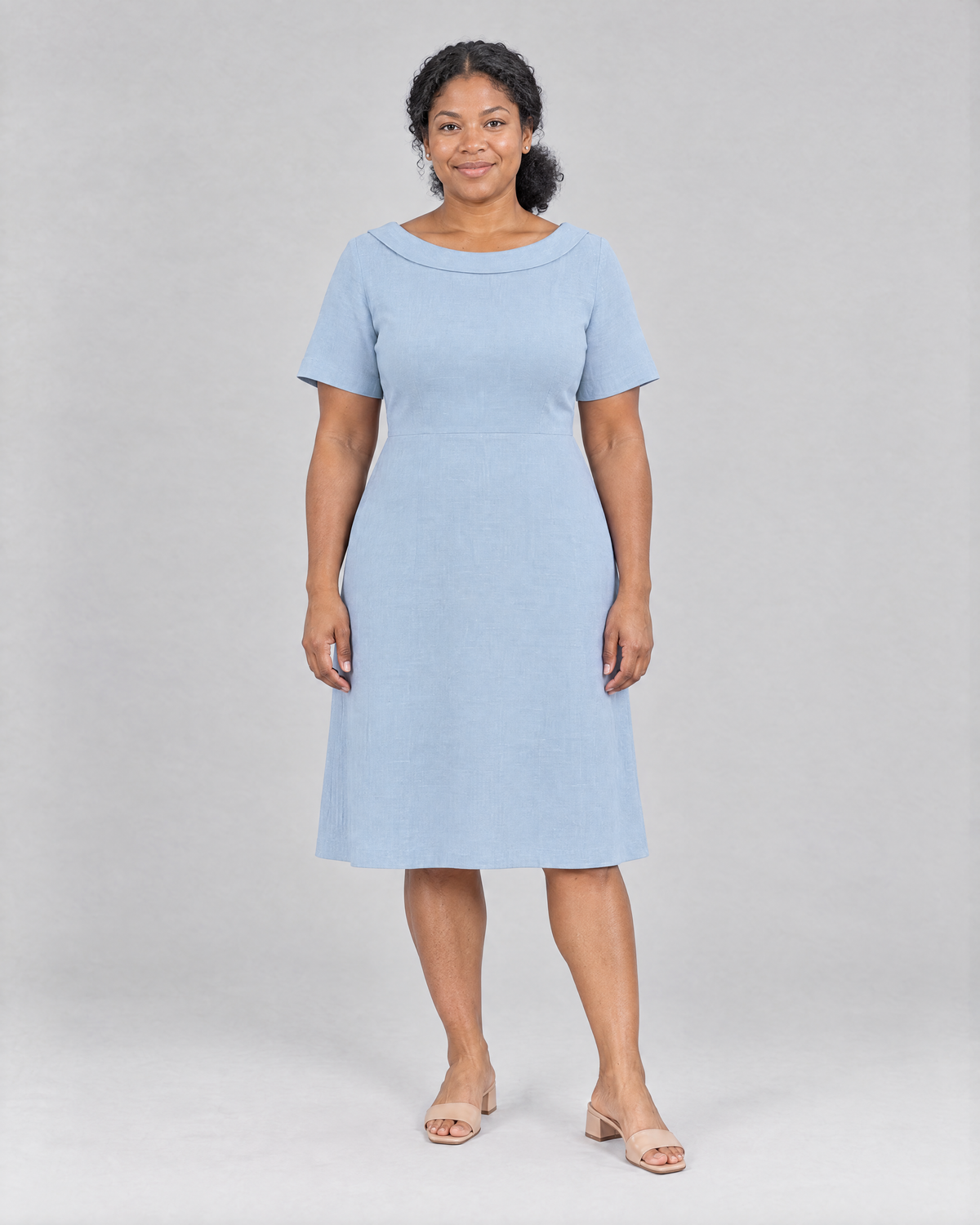 STORY PETITE Dutch linen A-line dress in Light Blue, front view on a petite model