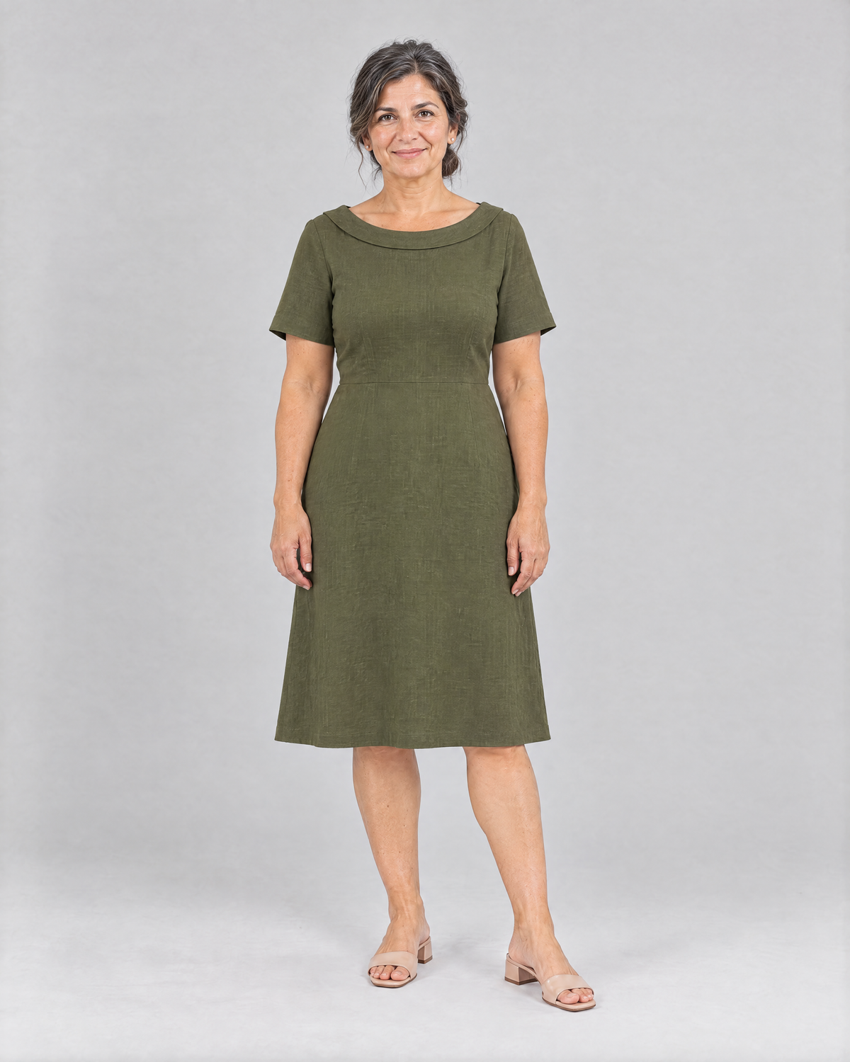 STORY PETITE Dutch linen A-line dress in Olive Green, front view on a petite model