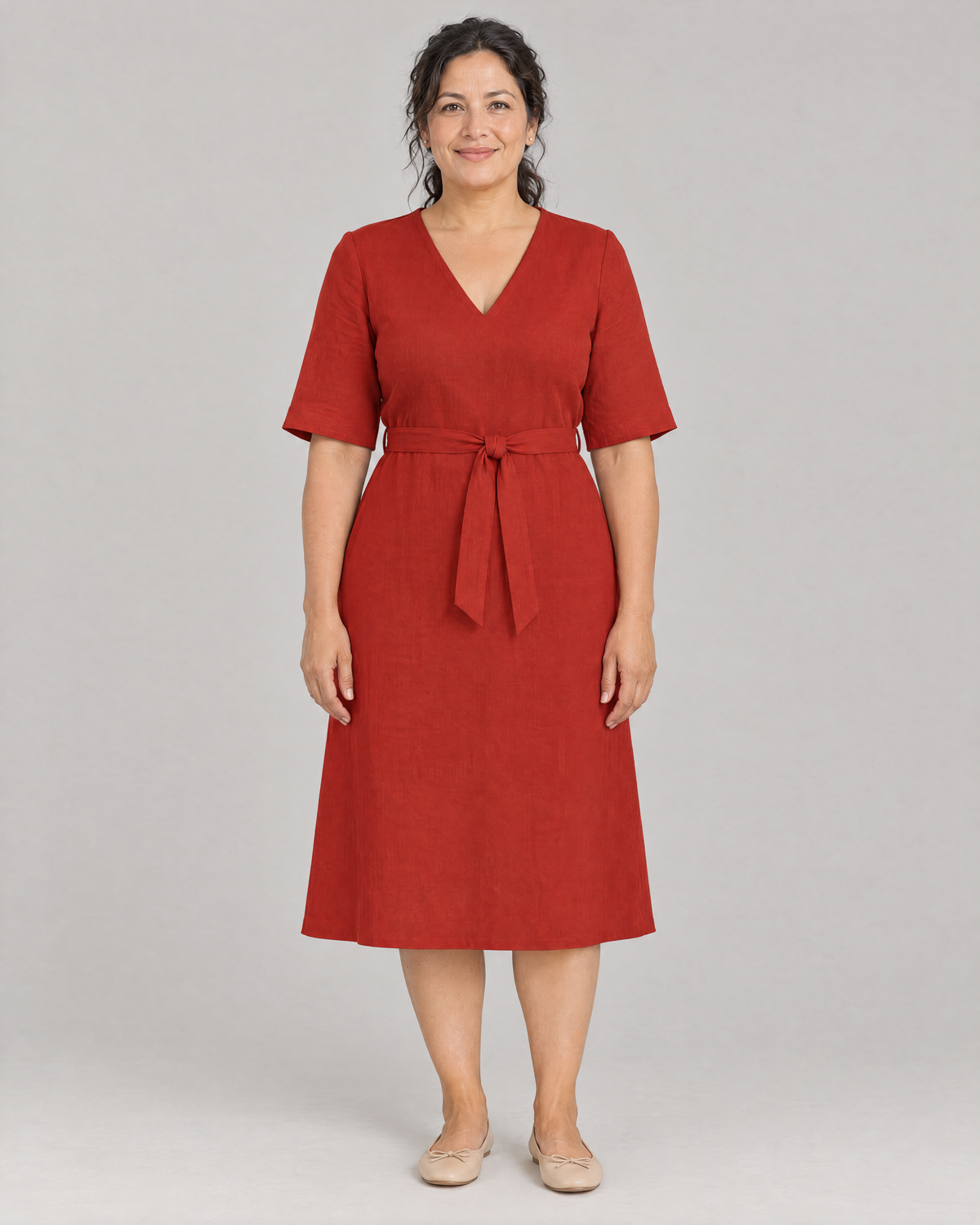 PASSPORT red Dutch linen A-line midi dress with elbow sleeves, front view