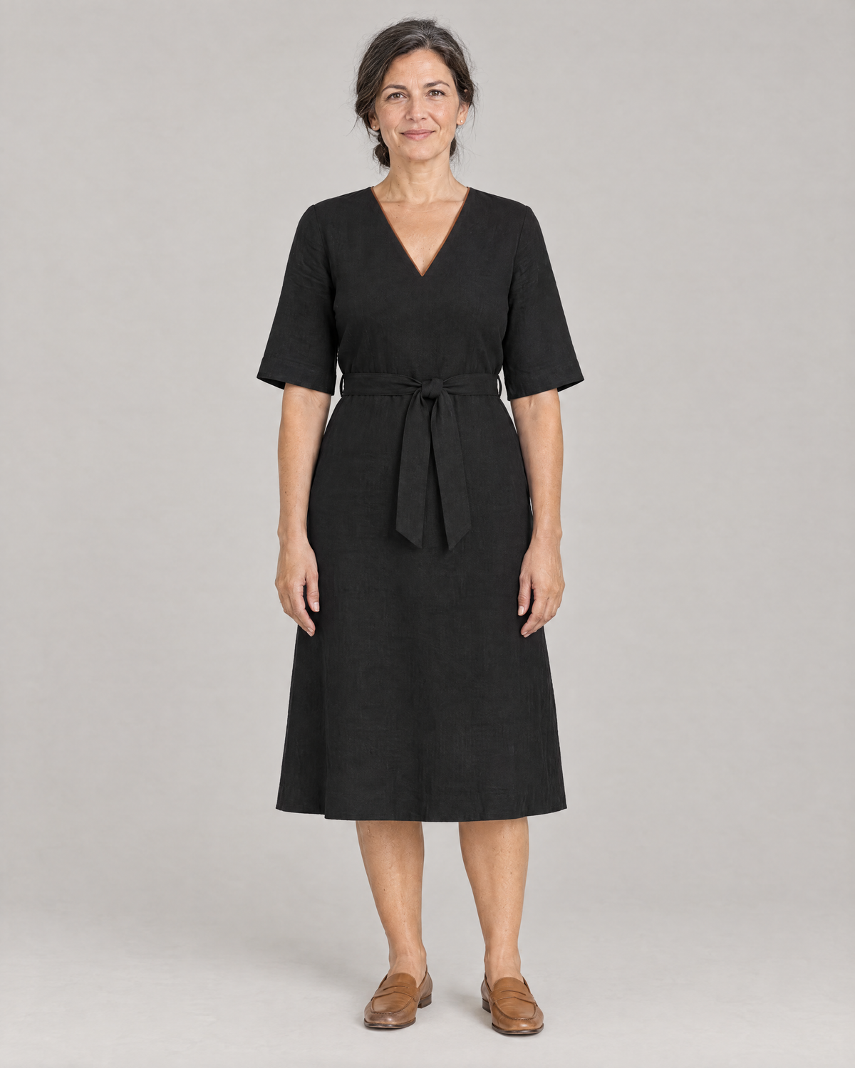 PASSPORT black Dutch linen A-line midi dress with elbow sleeves, front view