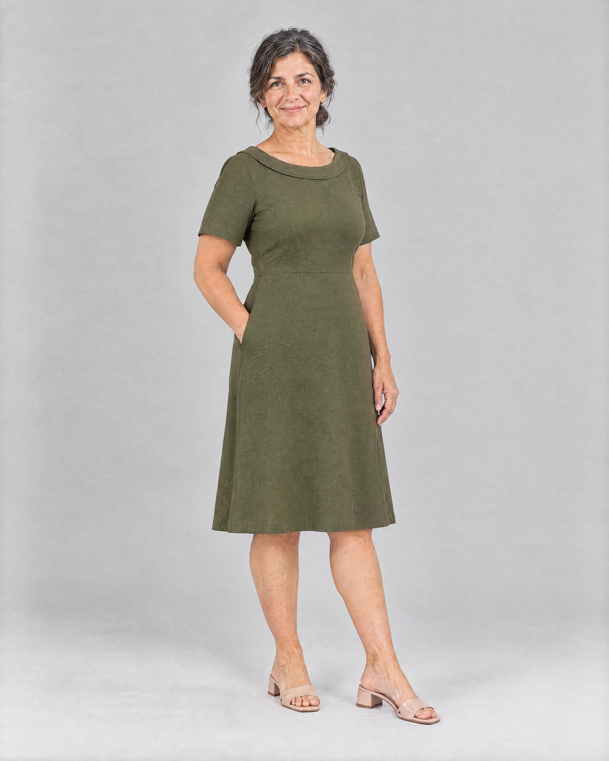 STORY PETITE Olive Green linen dress, three-quarter view