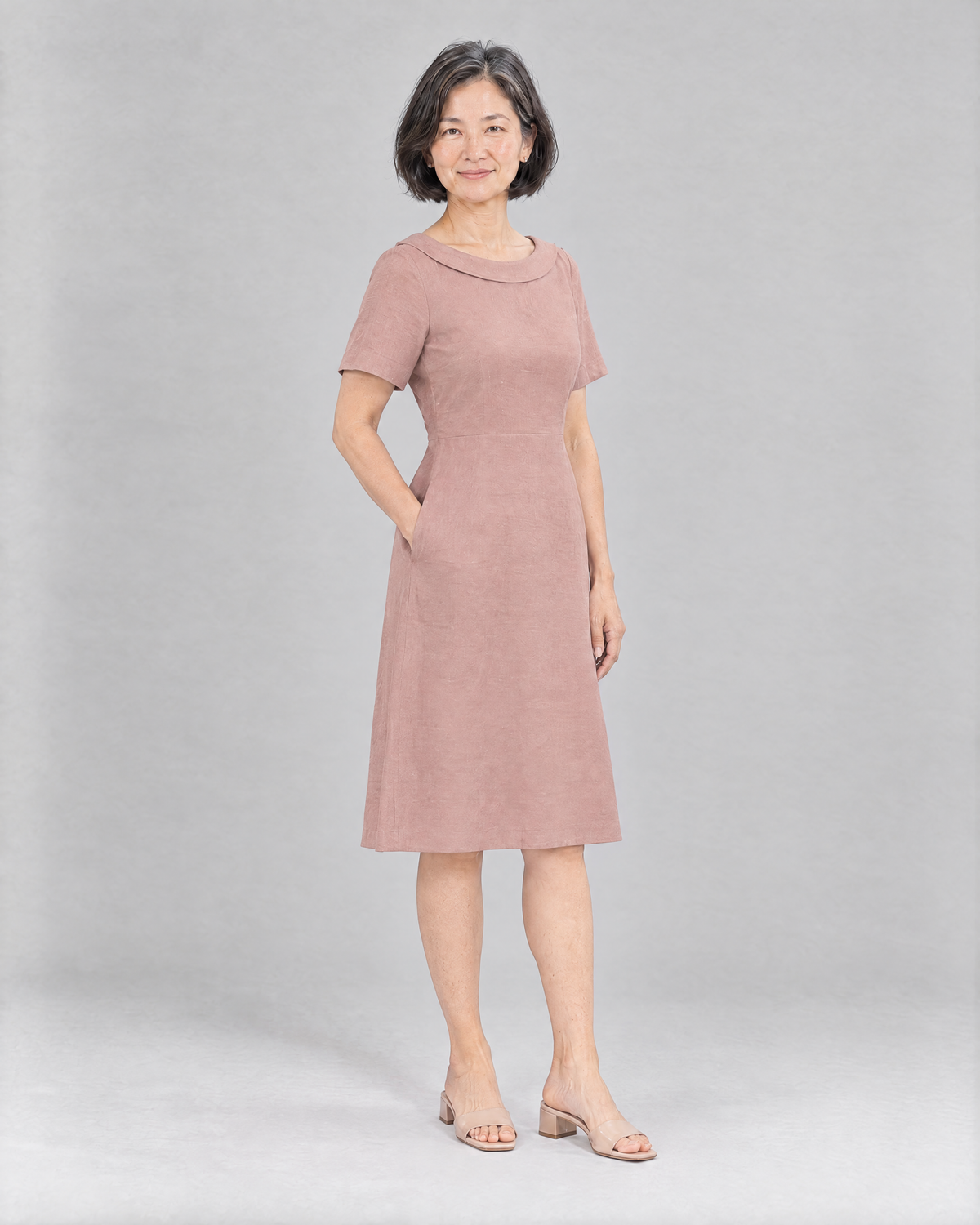 STORY PETITE Dusty Rose linen dress, three-quarter view