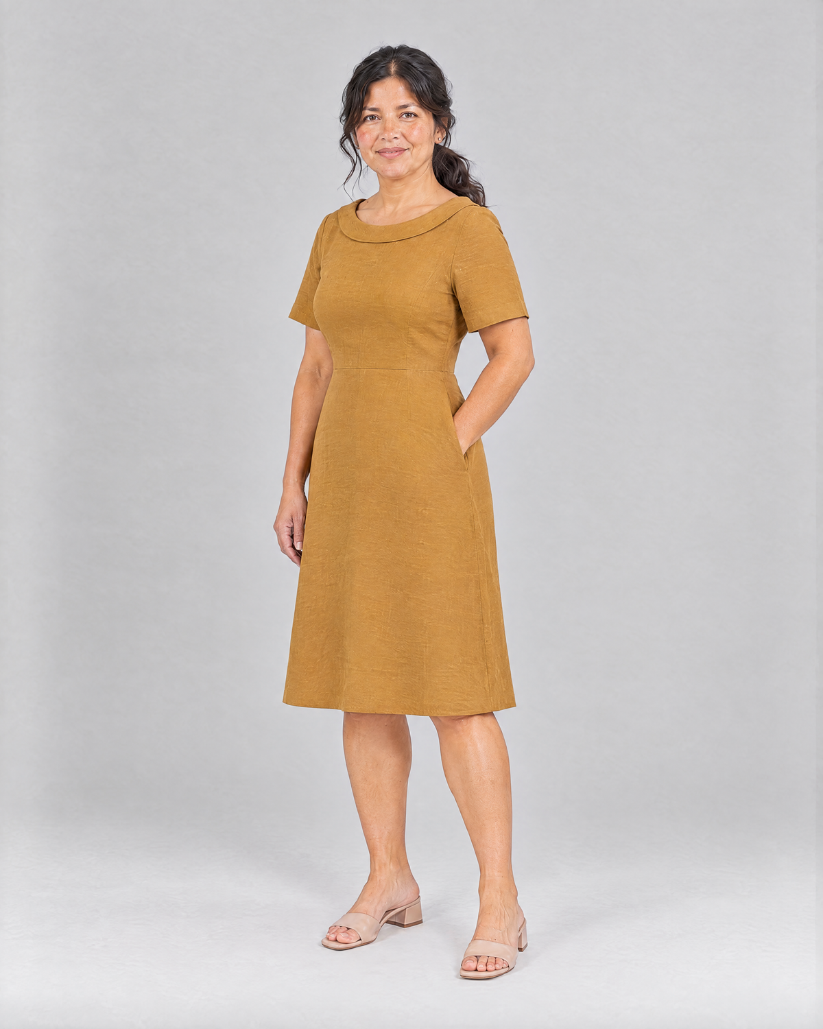 STORY PETITE Ochre linen dress, three-quarter view
