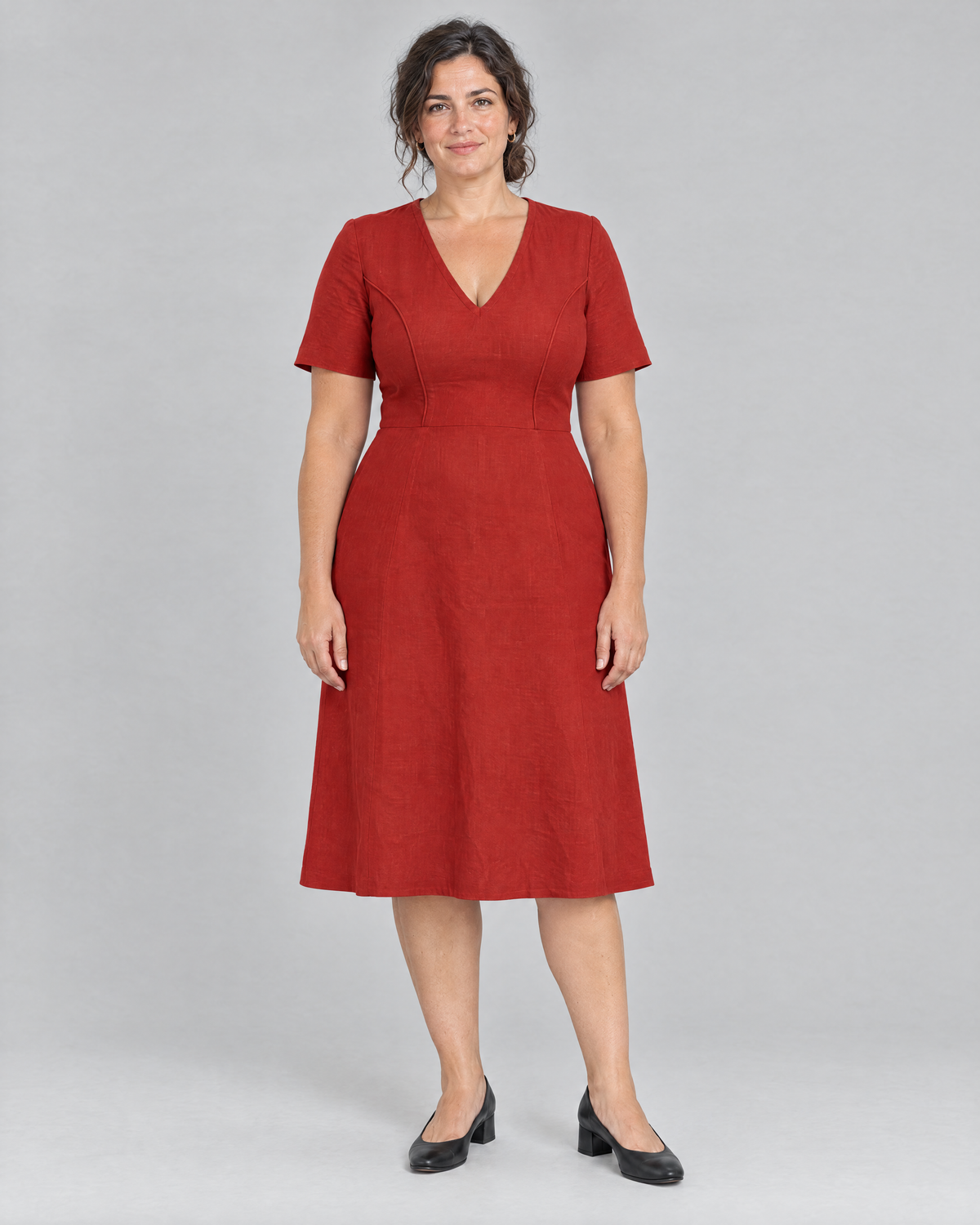 ROOM red Dutch linen V-neck A-line midi dress, front view
