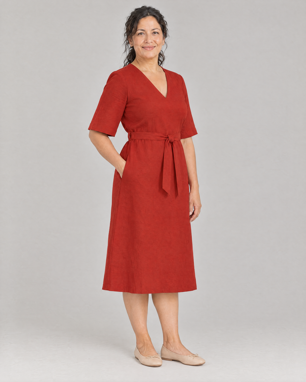 PASSPORT red linen A-line midi dress, three-quarter view